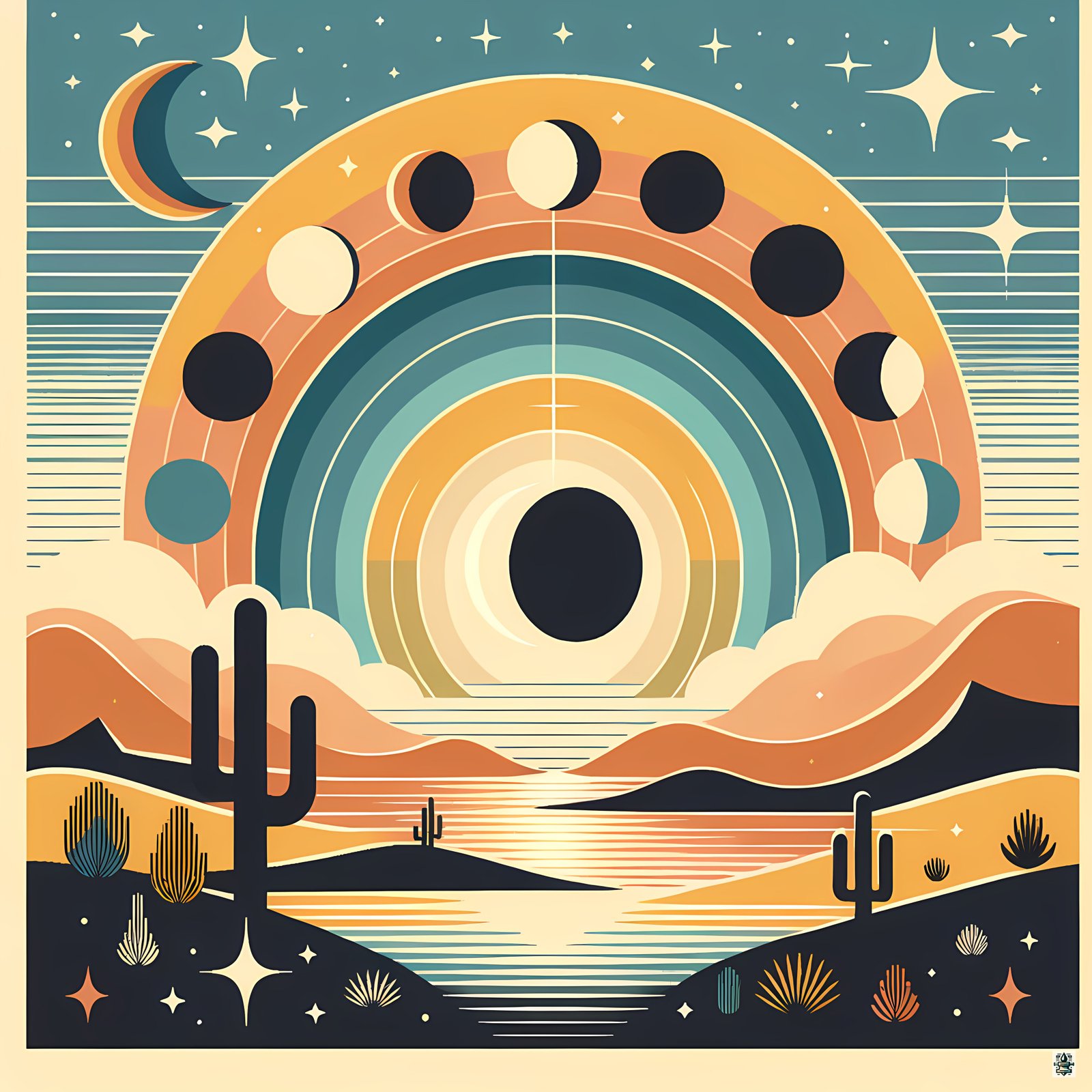Geometric Moon Phases Desert Sunset
