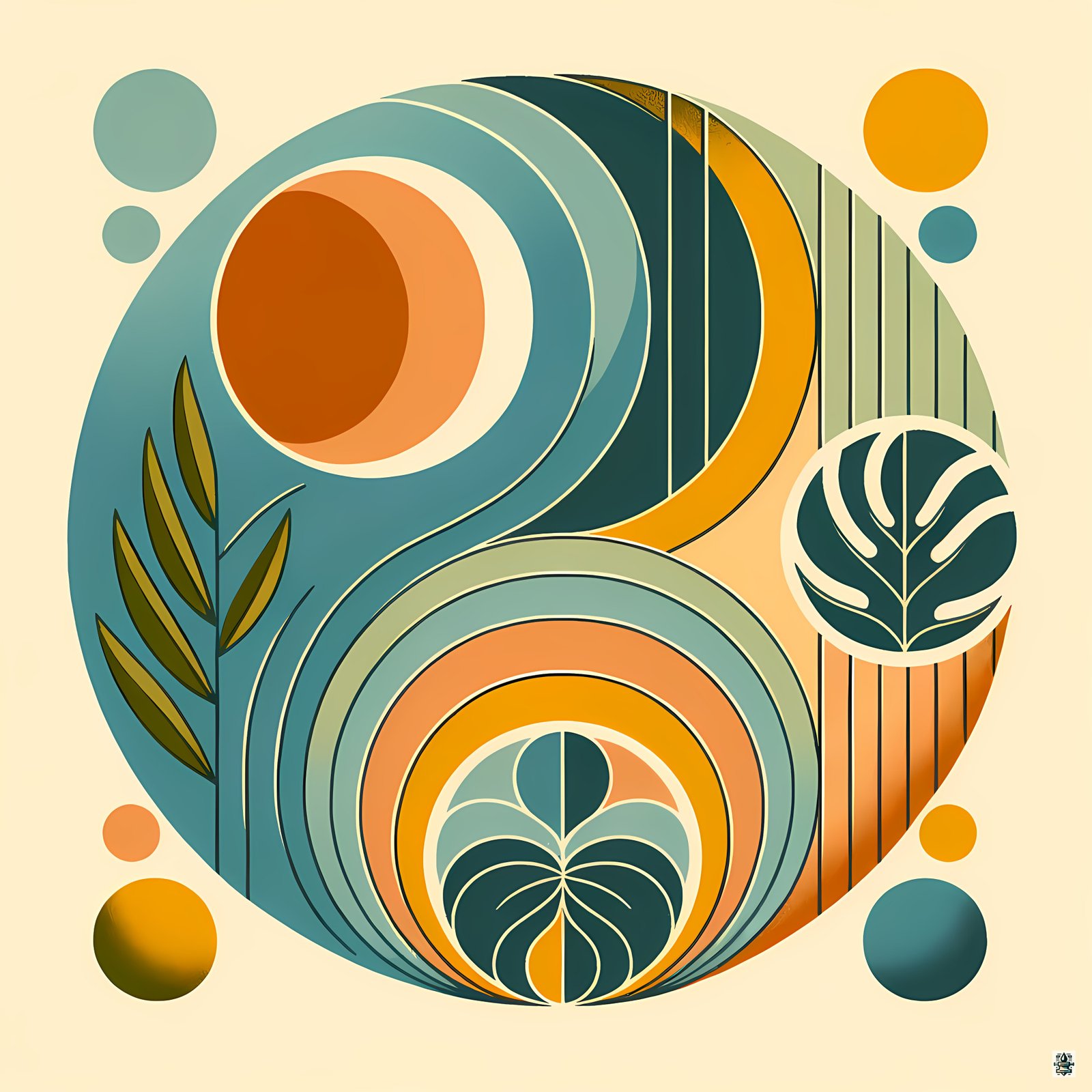 Abstract Botanical Circles in Teal and Ochre