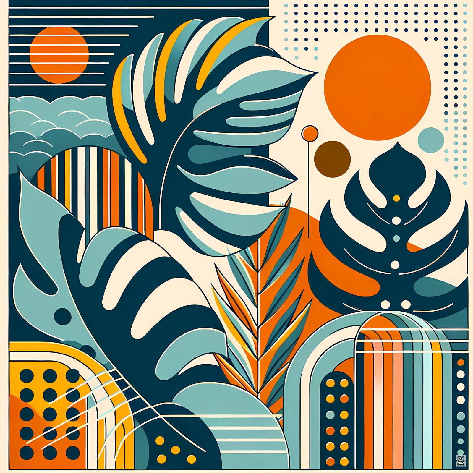 Abstract Botanical Leaves with Orange Sun