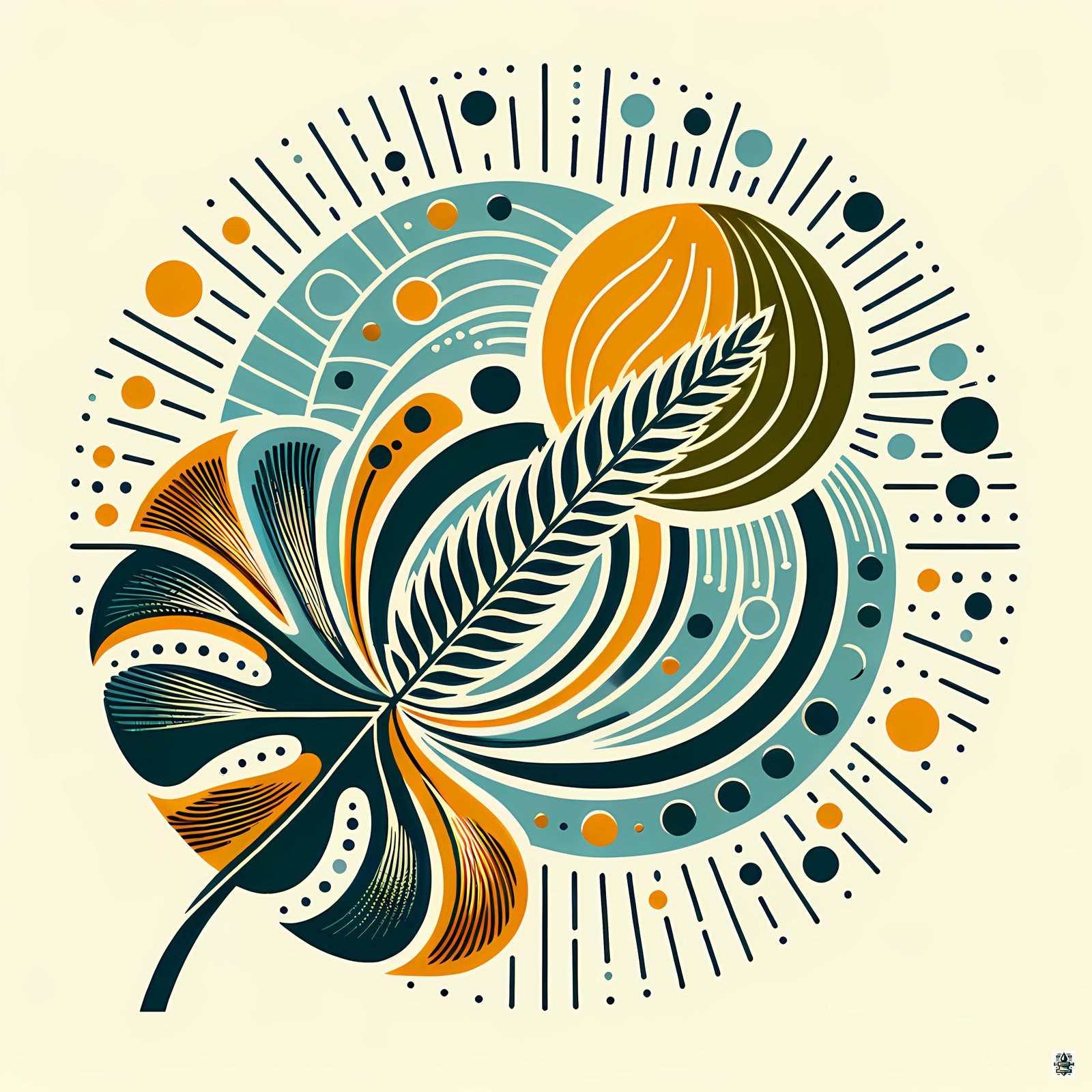Abstract Botanical Leaf and Sunburst Design