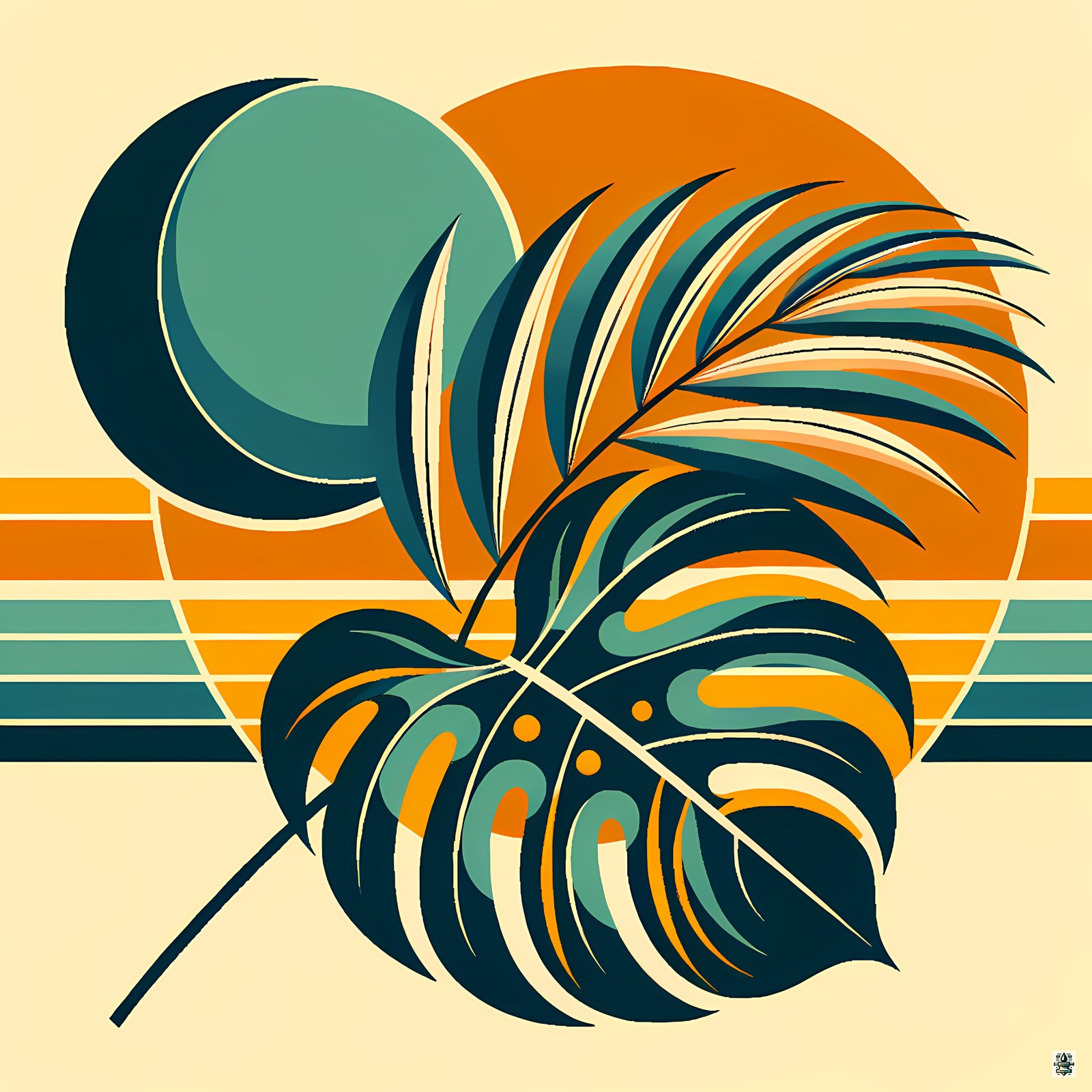 Abstract Tropical Leaves and Sun Shapes