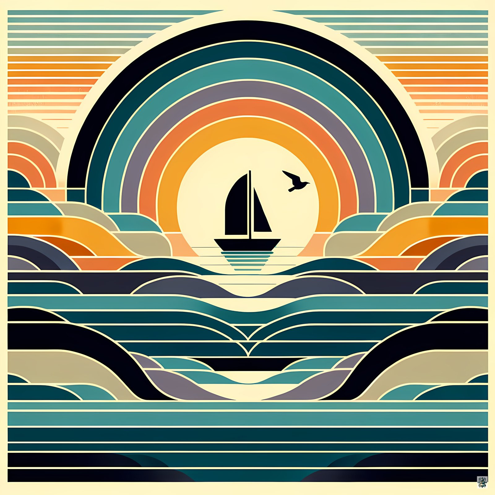Geometric Sailboat Sunset Over Layered Waves