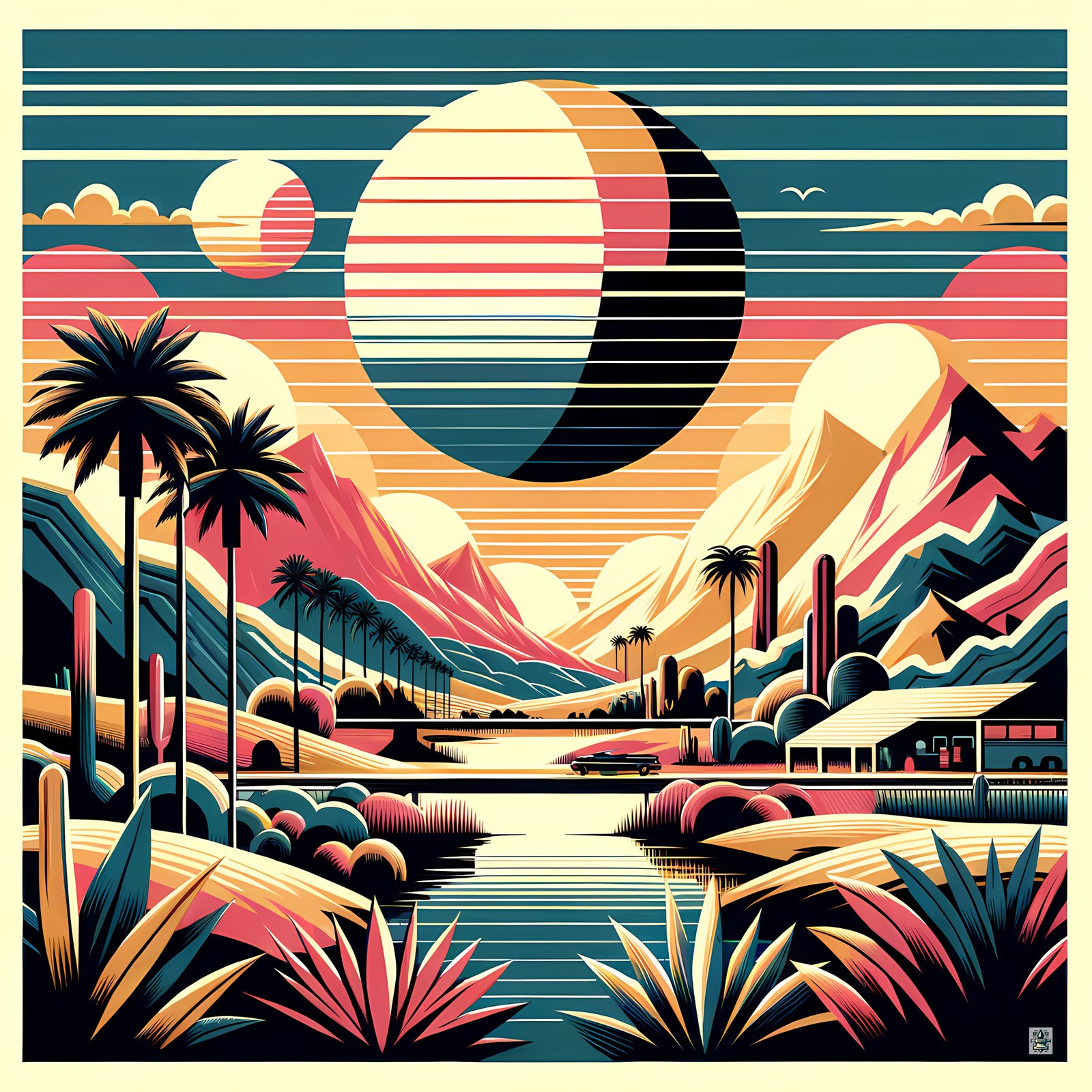 Retro Desert Mountain Landscape with Eclipse Sunset