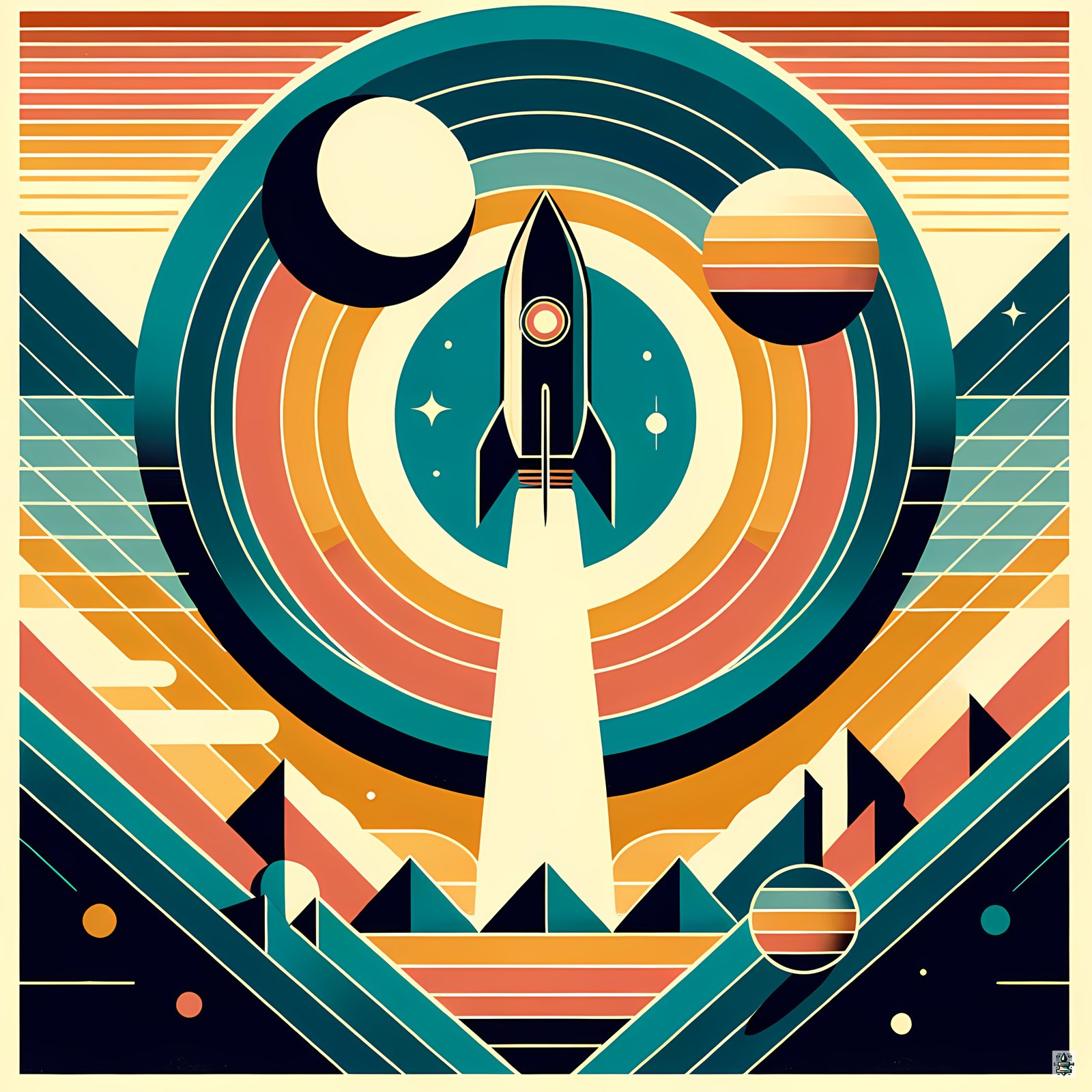 Retro Rocket Launch Geometric Space Scene