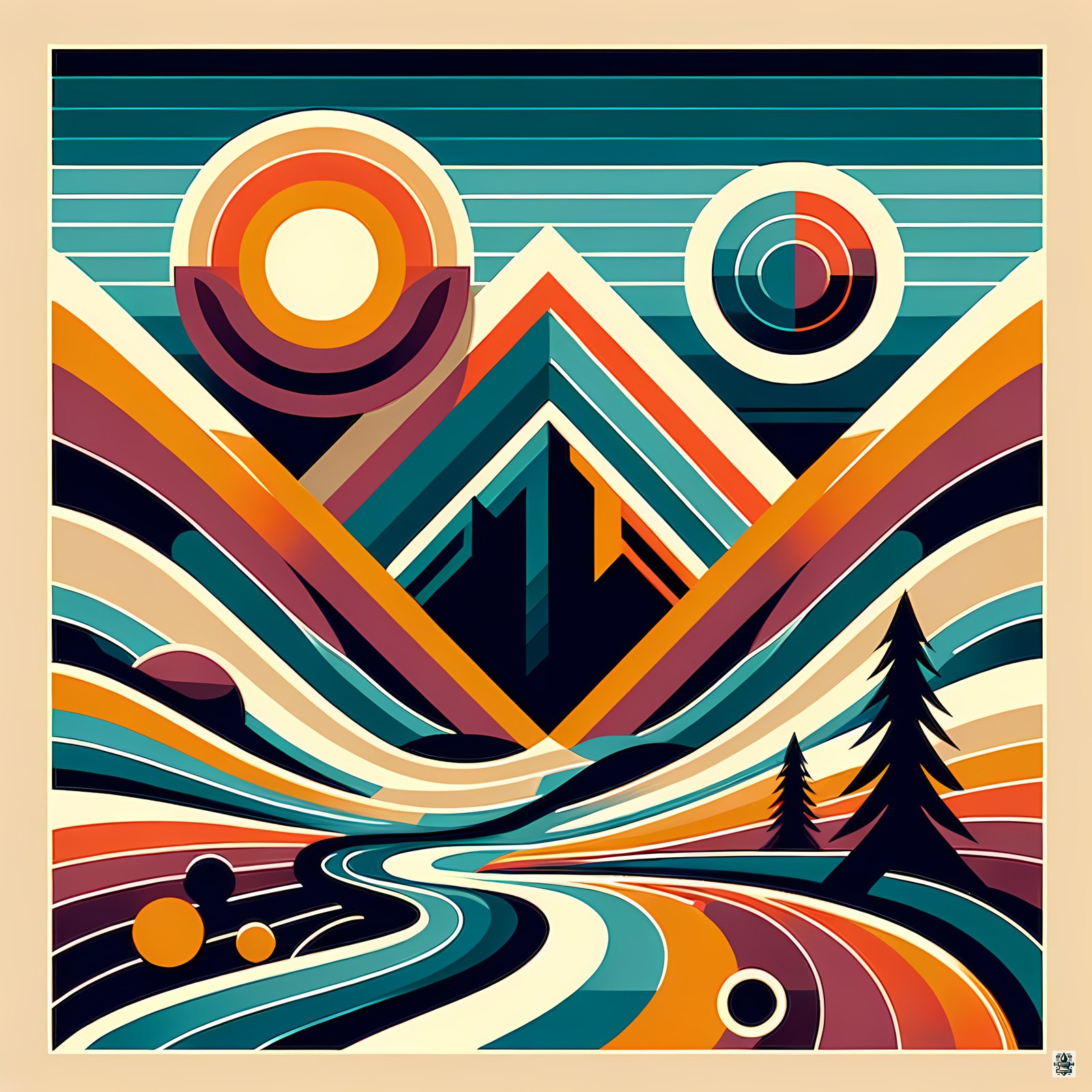 Geometric Mountain Valley with Retro Sun