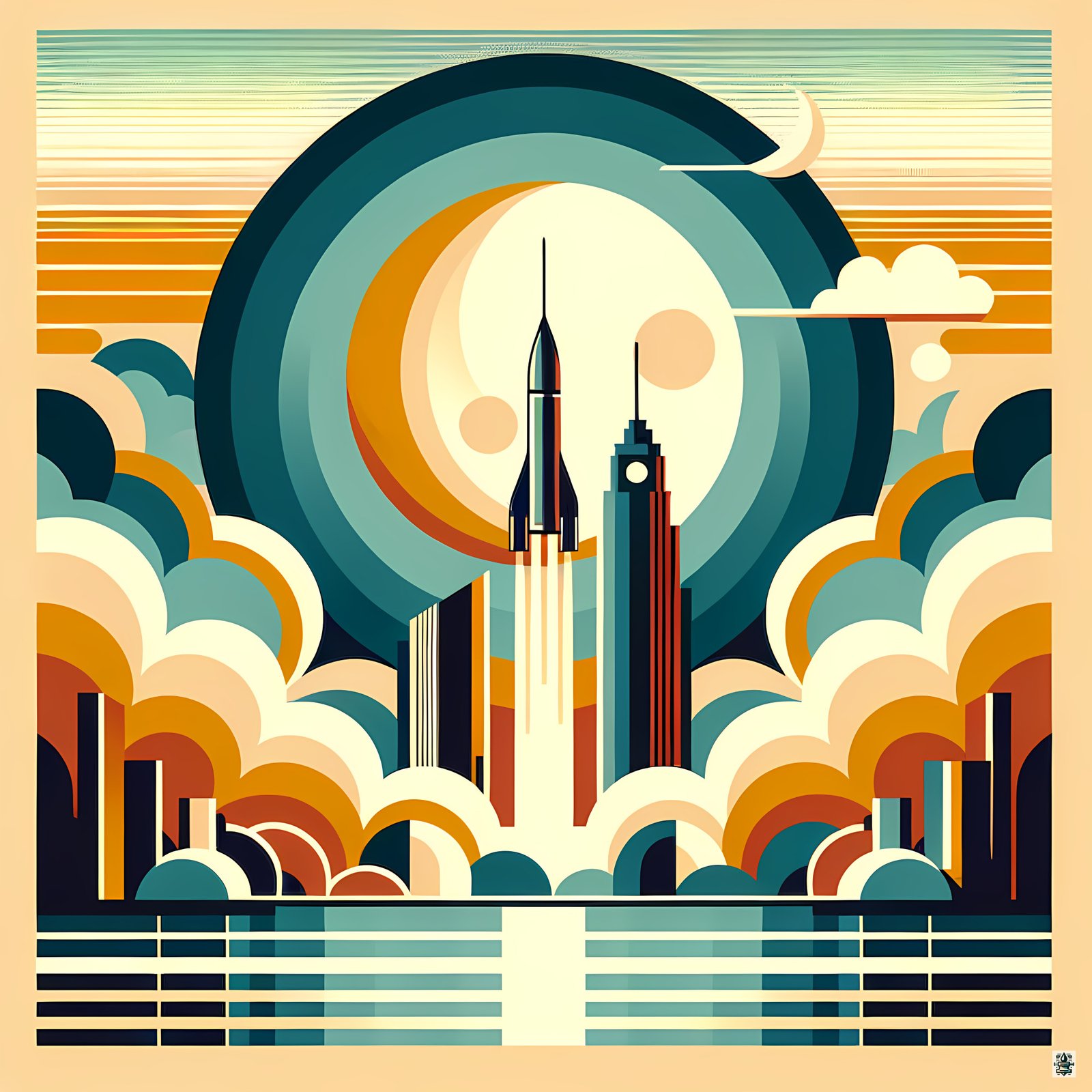Retro Rocket Launch Over Geometric City