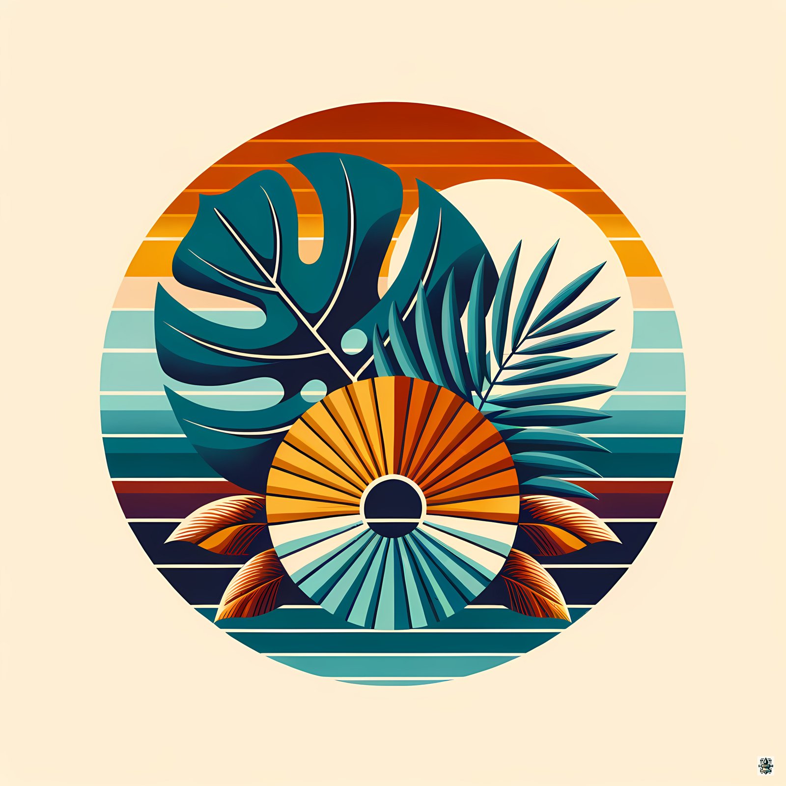 Abstract Tropical Leaves Sunset Circle