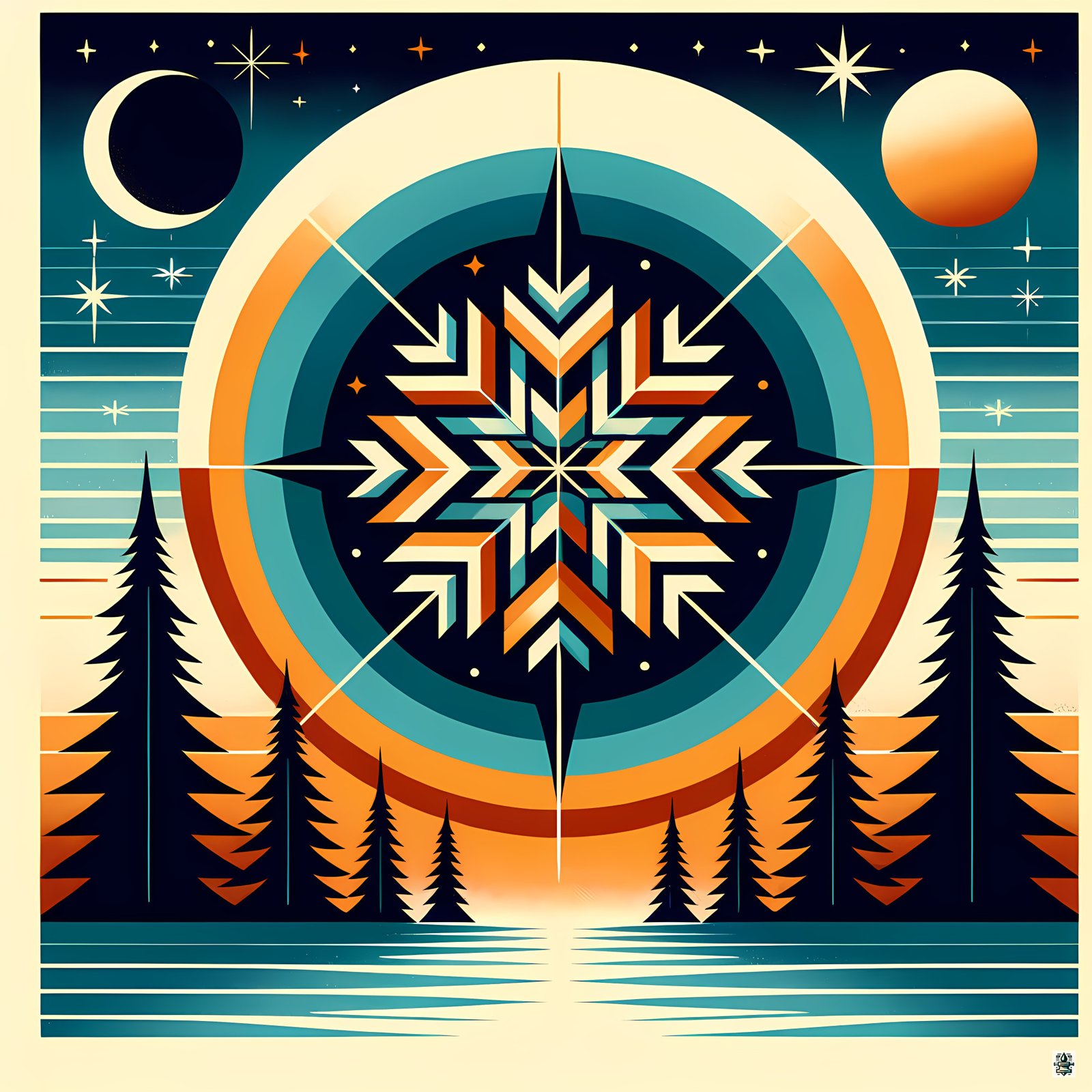 Geometric Snowflake Over Winter Forest Lake