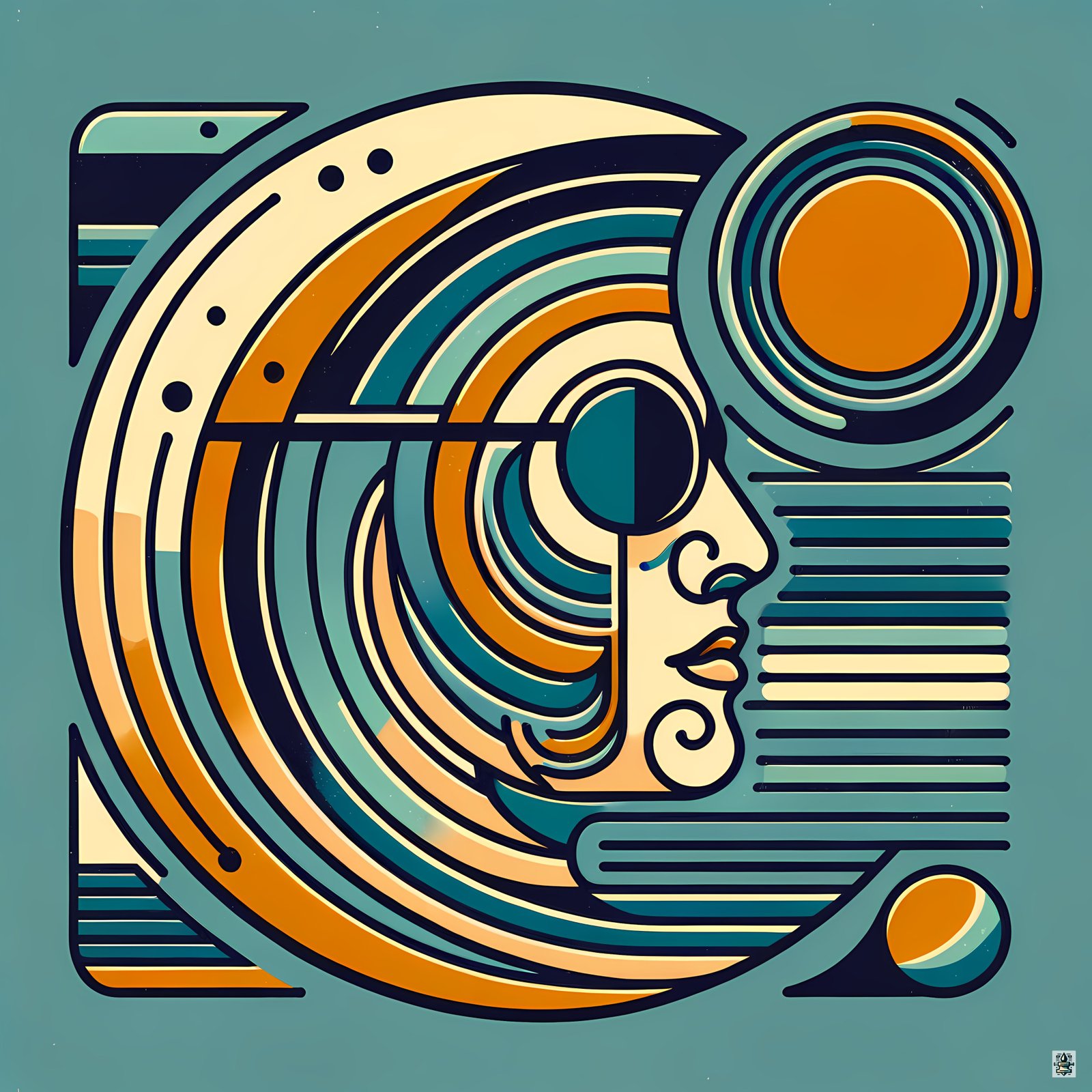 Geometric Line Face with Retro Sun and Arcs