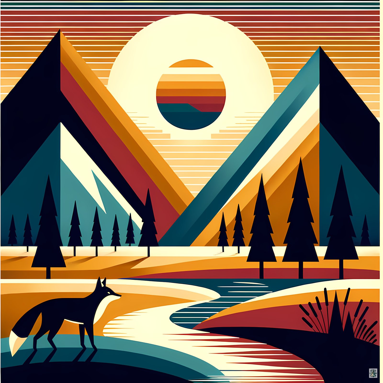 Geometric Mountain Peaks with Fox and Sunset