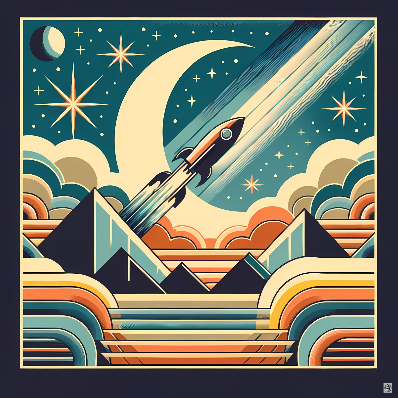 Retro Rocket Over Crescent Moon and Pyramids