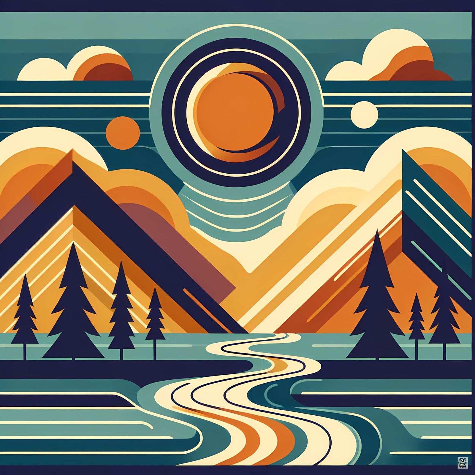 Geometric Mountain Peaks with Winding River