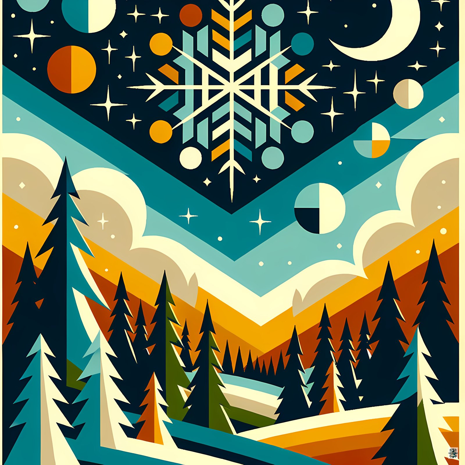 Geometric Snowflake Winter Forest
