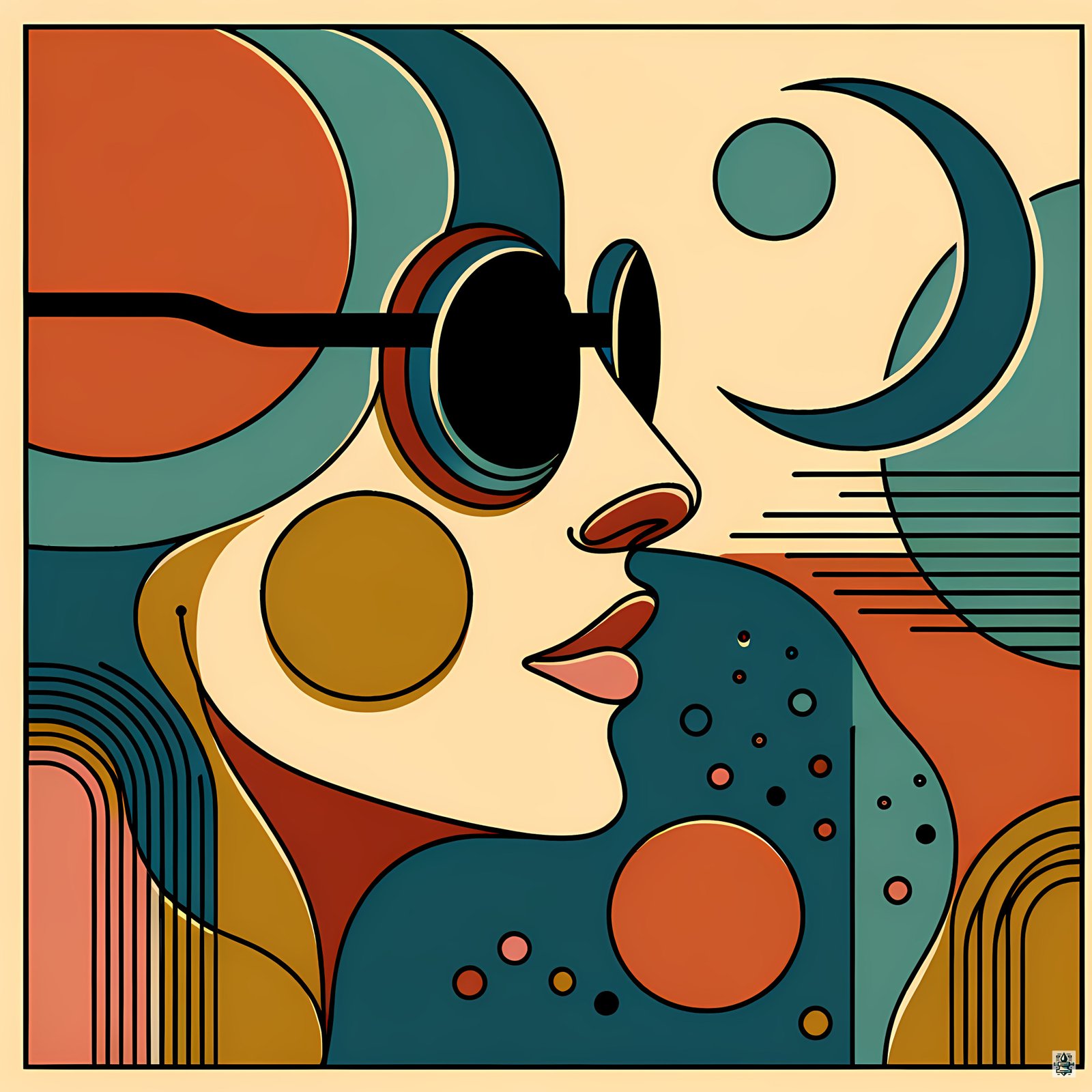 Abstract Line Face with Moon and Geometric Shapes