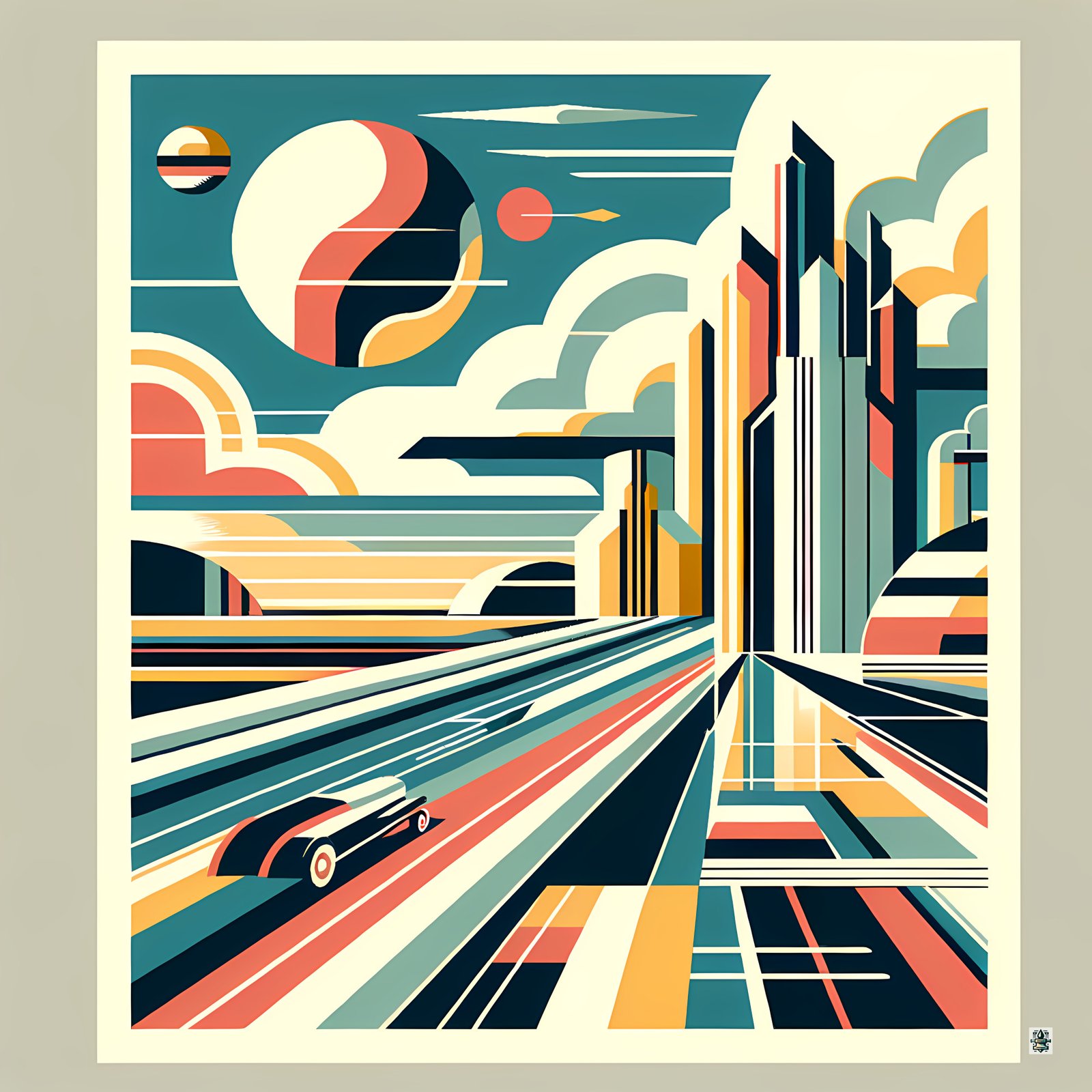 Retro Futuristic City Skyline with Speeding Car