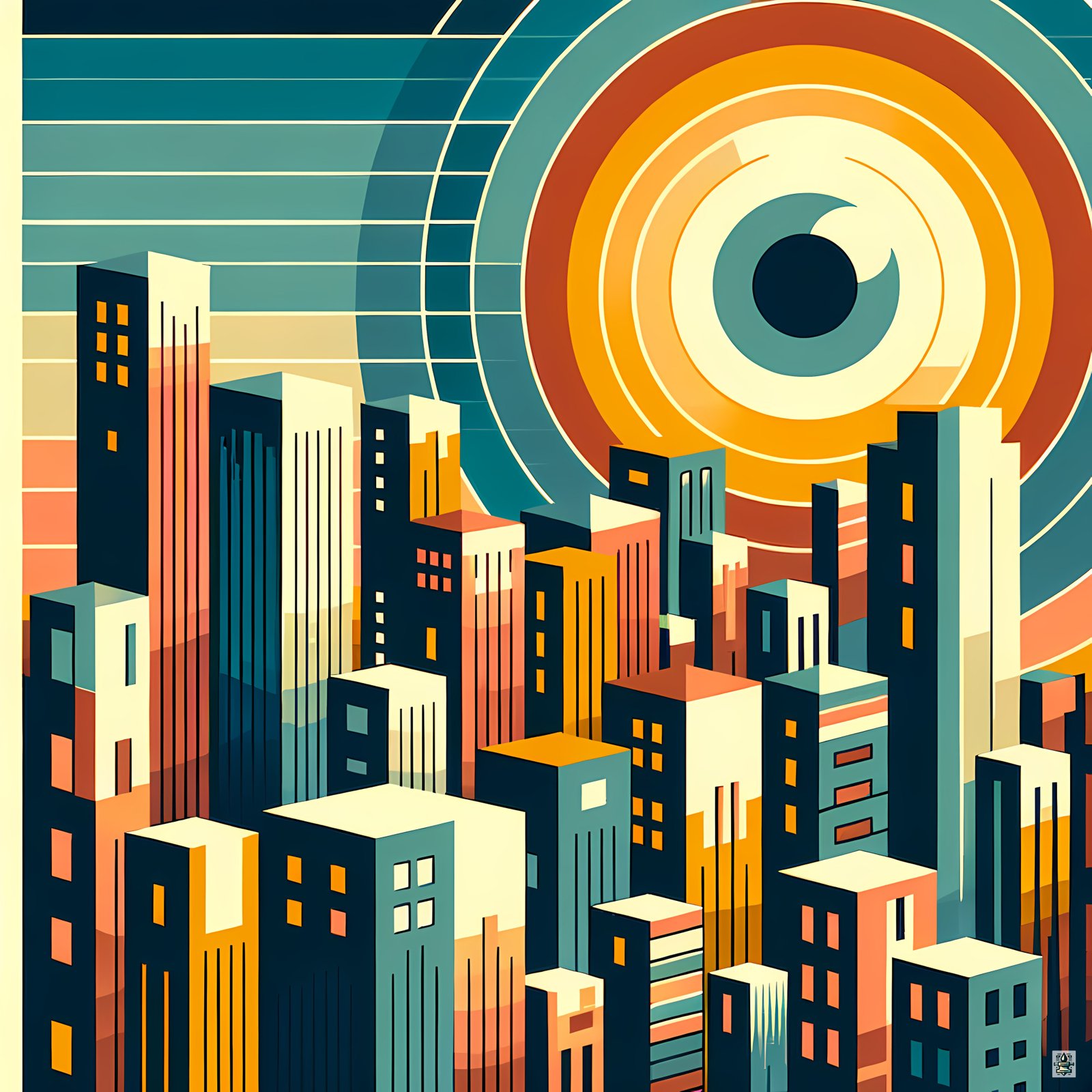 Geometric Cityscape with Circular Eye Sun