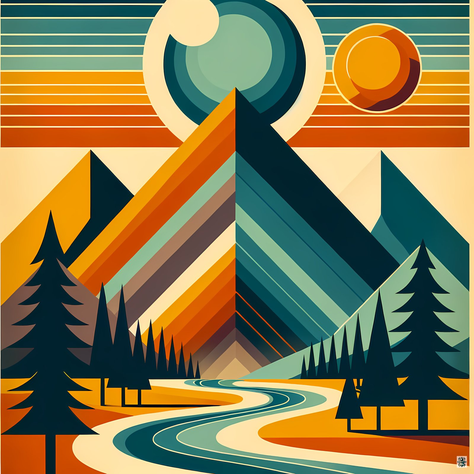 Geometric Mountain Valley Sunset