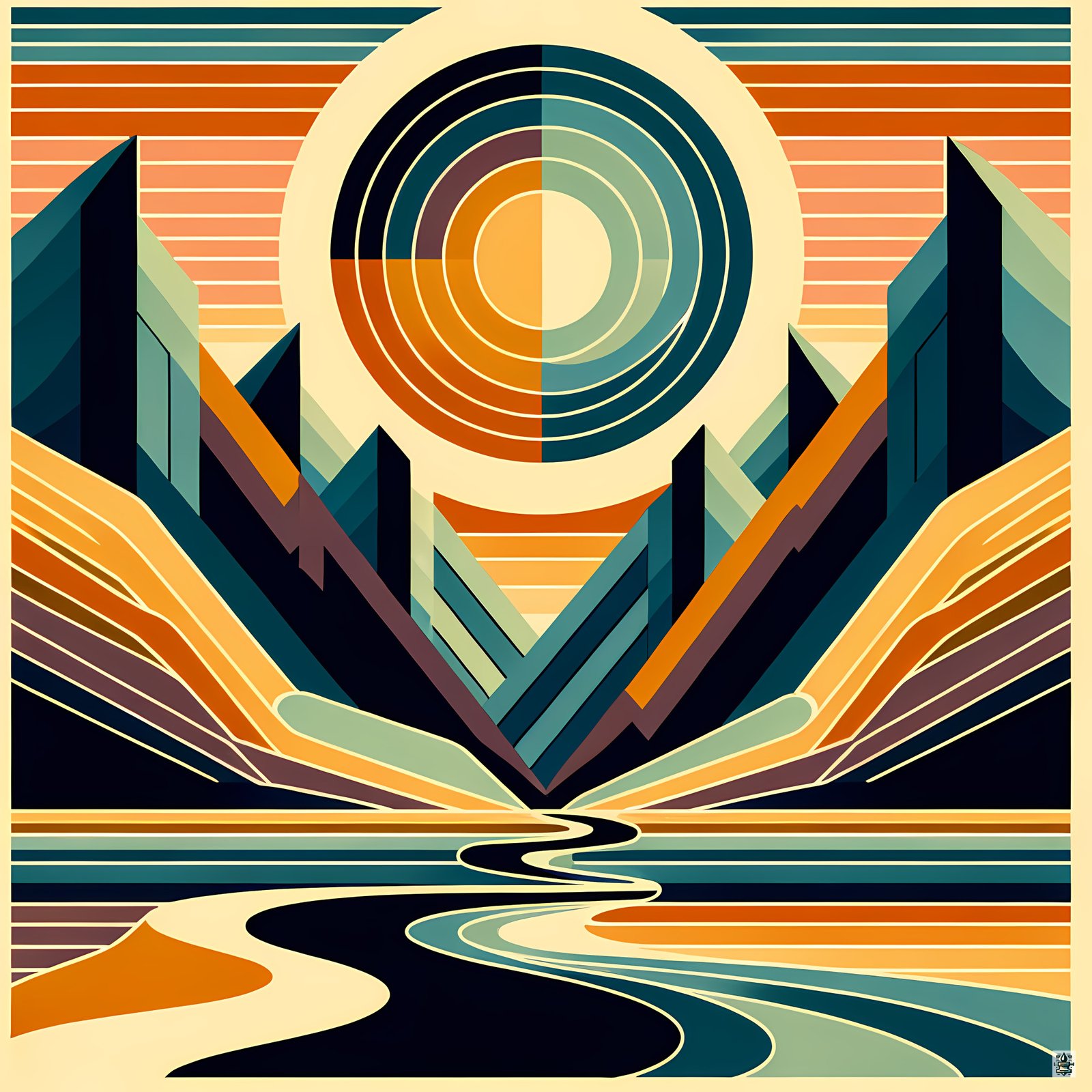 Geometric Sun Over Mountain Valley