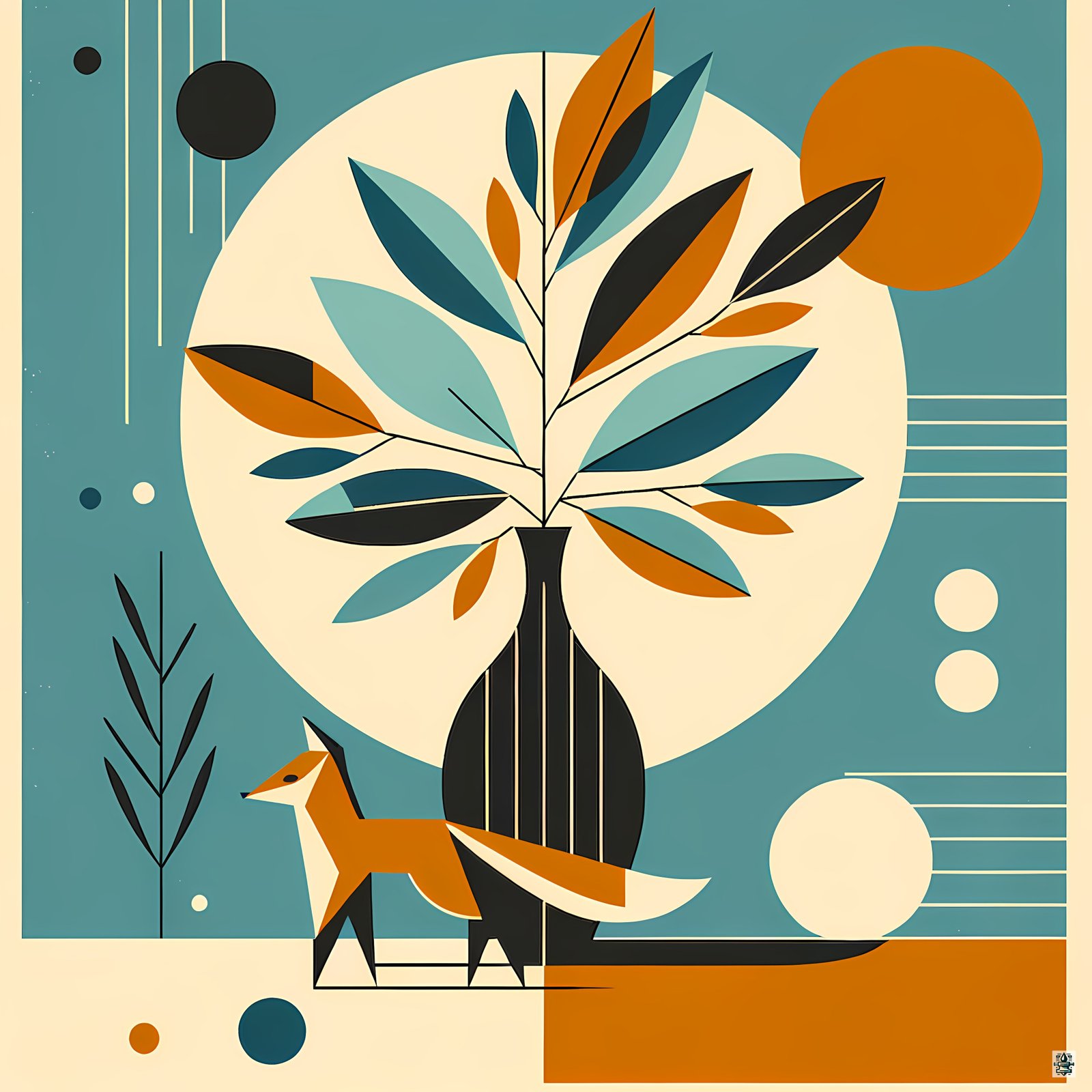 Geometric Fox and Botanical Vase Illustration