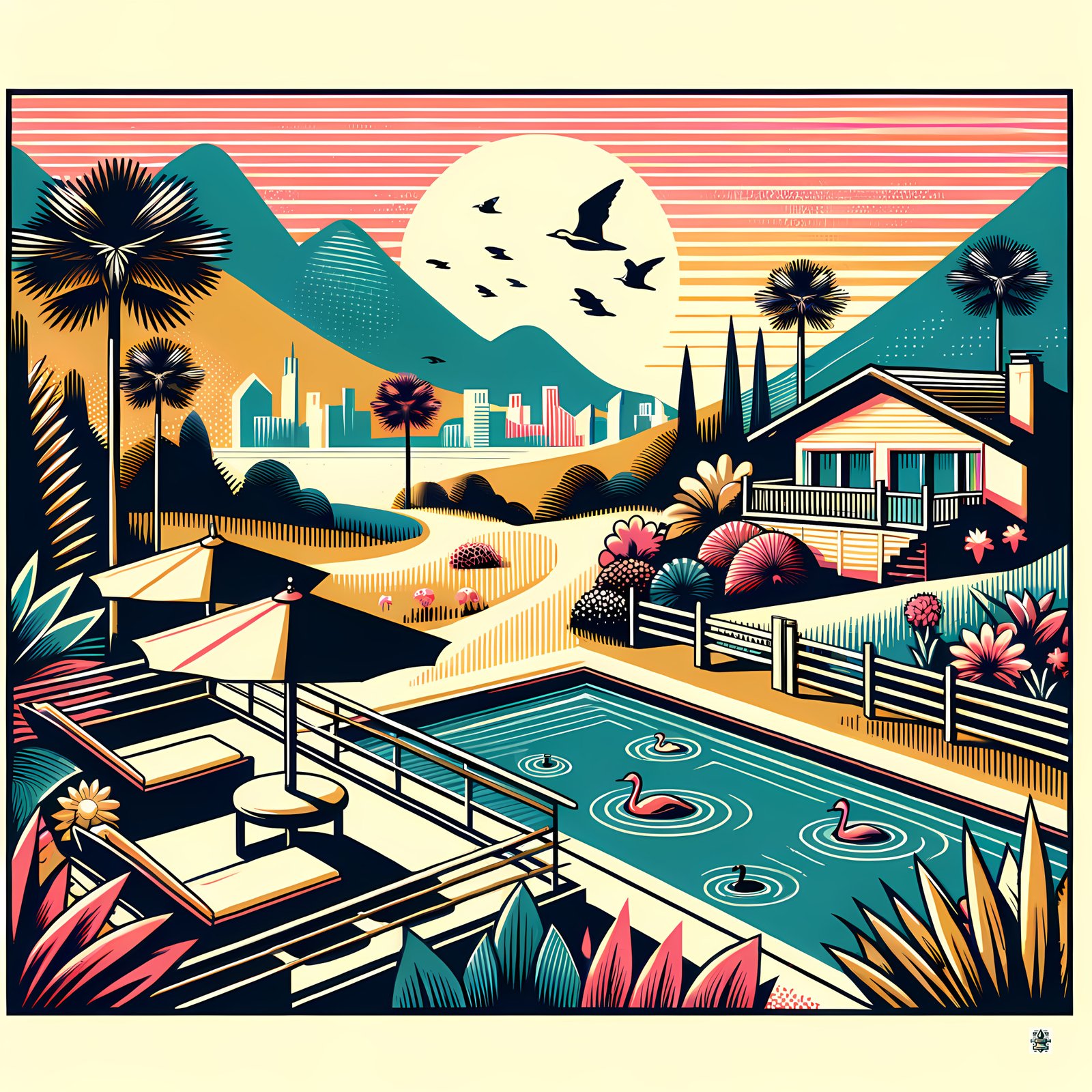 Retro Poolside Flamingos Sunset Mountain Landscape