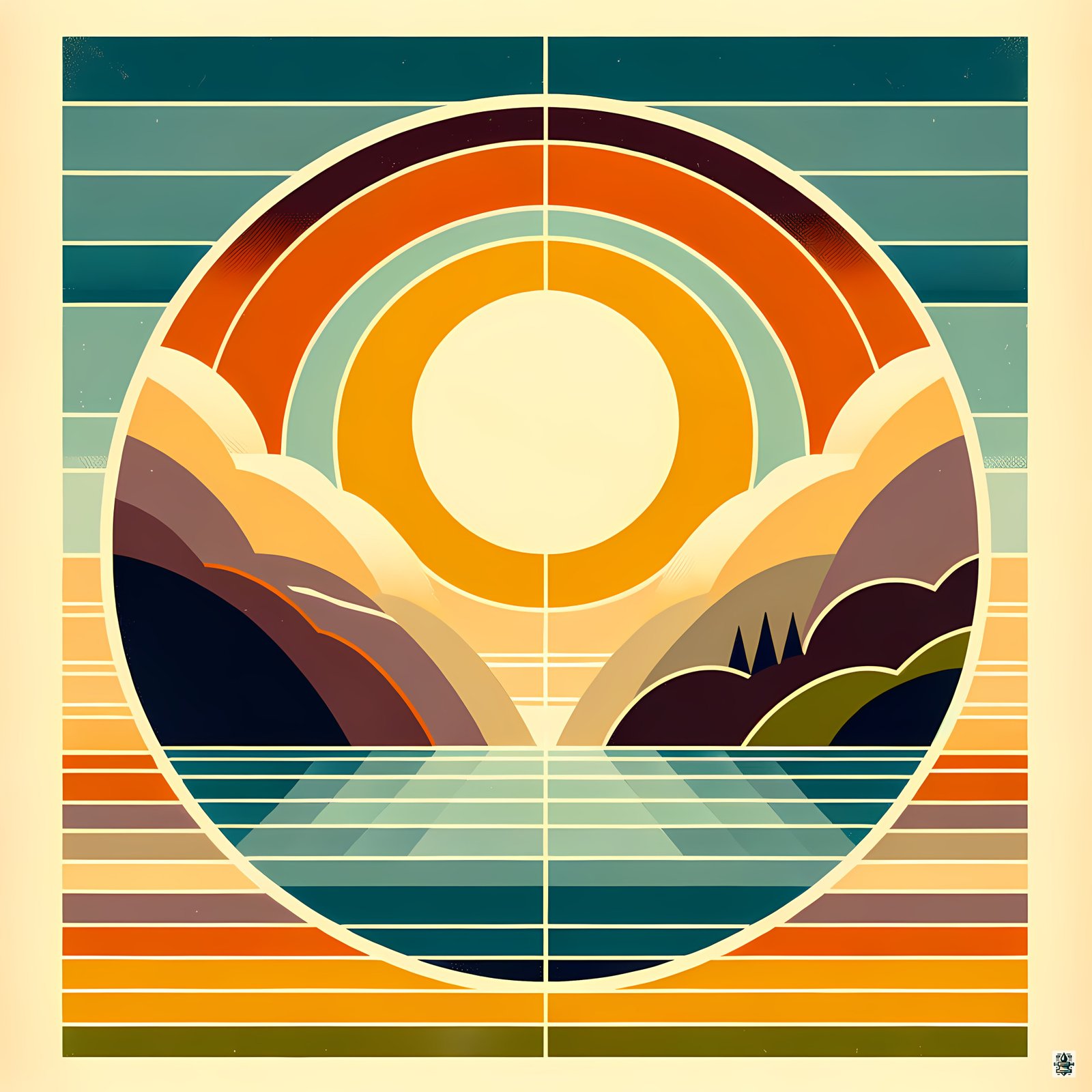Geometric Sun Over Mountain Lake