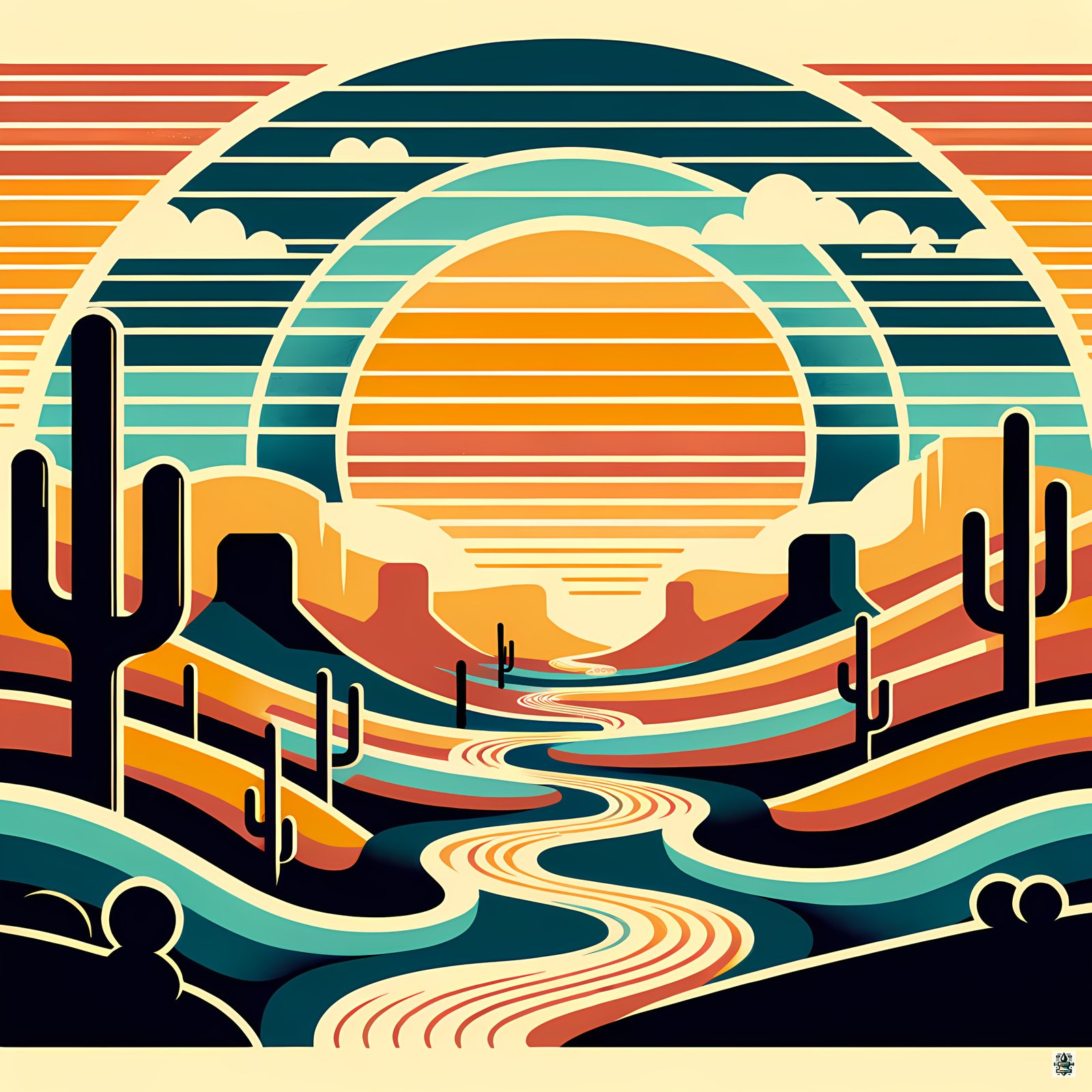Geometric Desert Sunset with Cacti