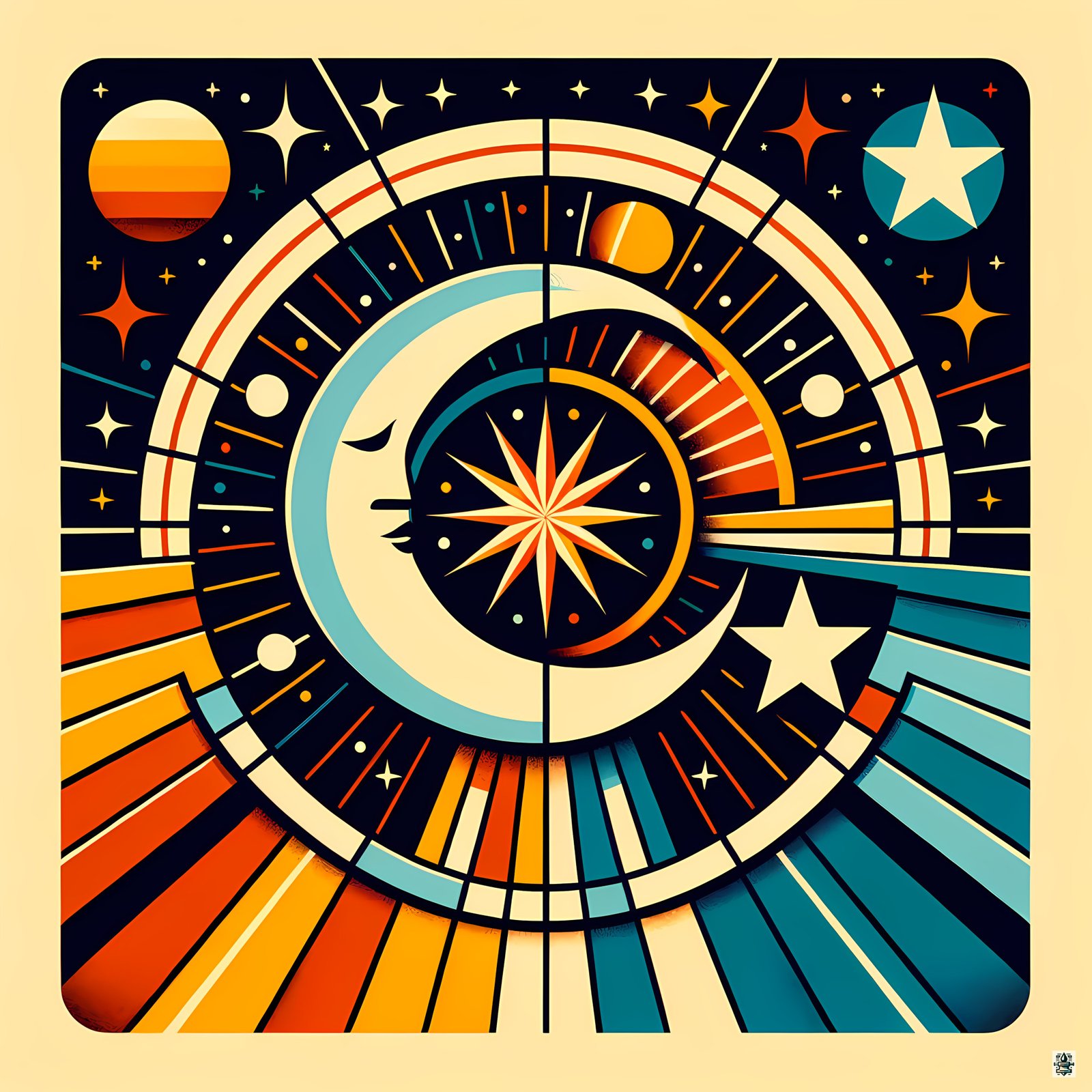 Geometric Celestial Moon and Starburst