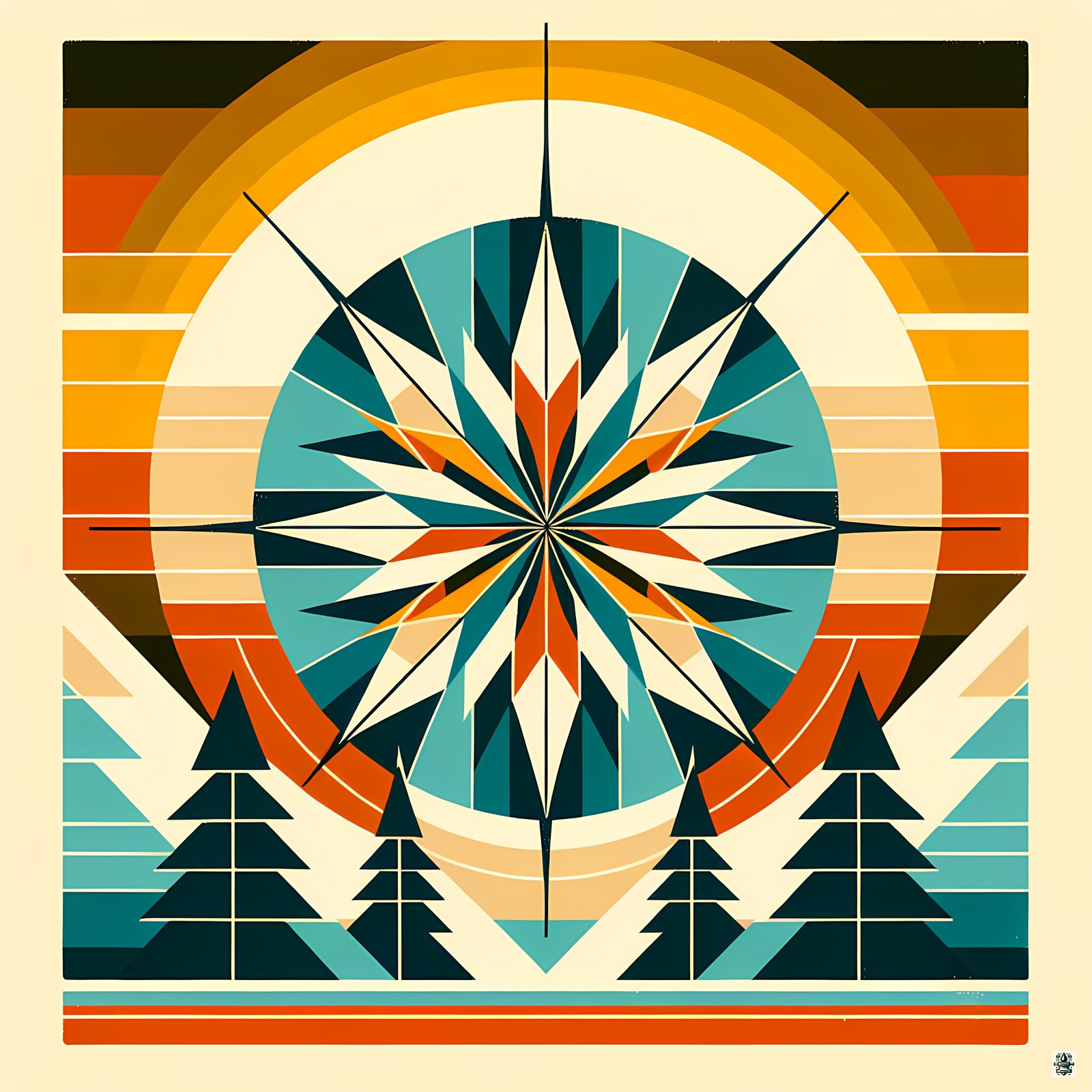 Geometric Snowflake Over Winter Pines