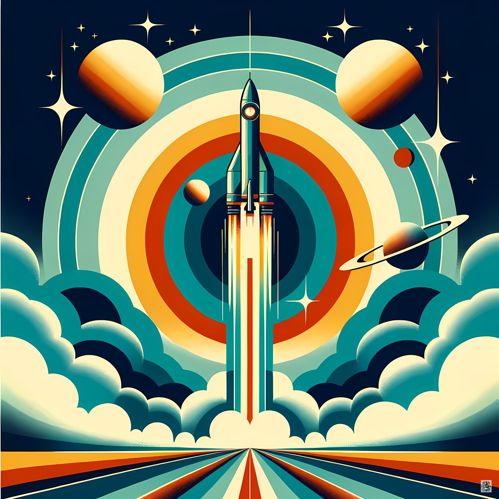 Retro rocket launch with planets and concentric rings