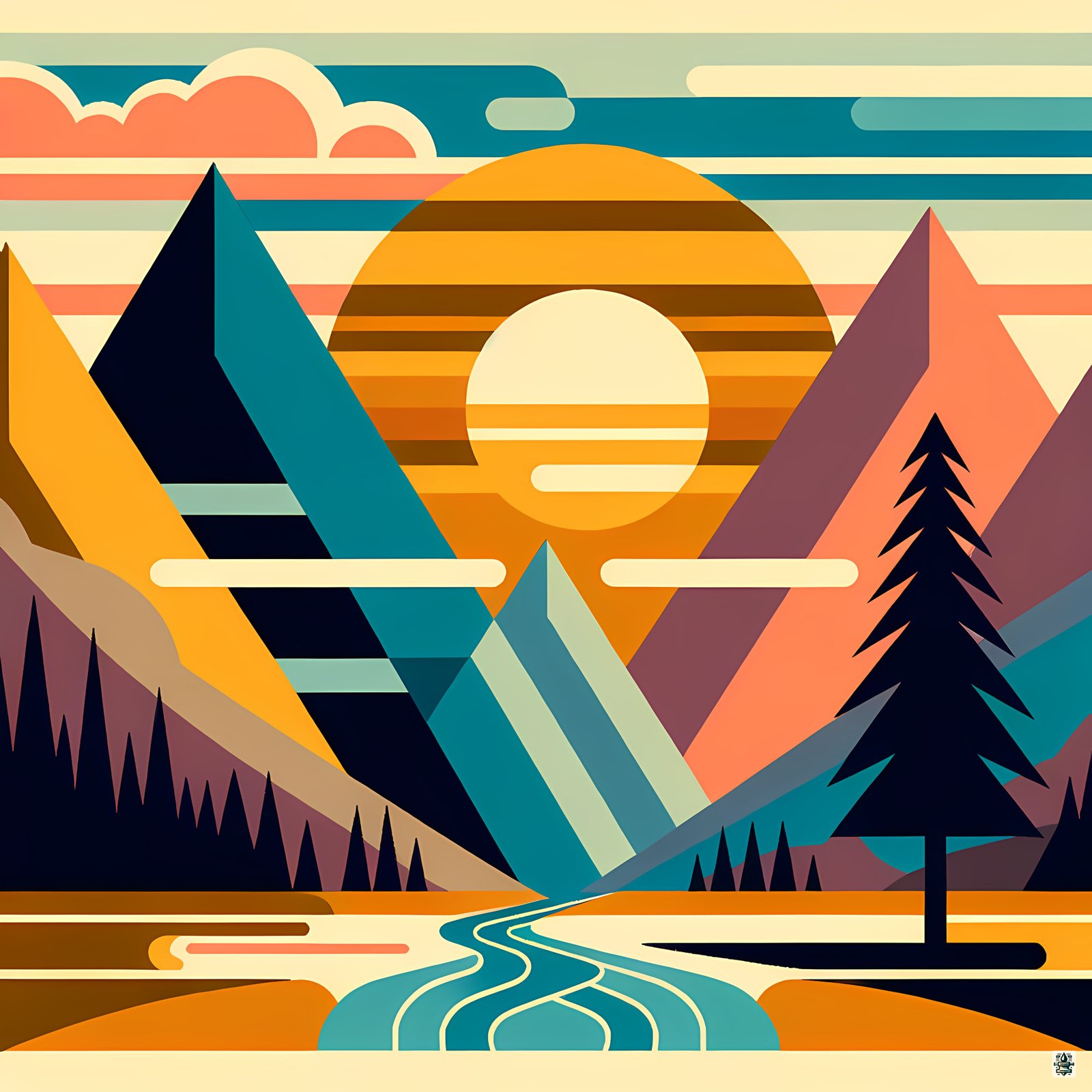 Geometric Mountain Sunset Landscape