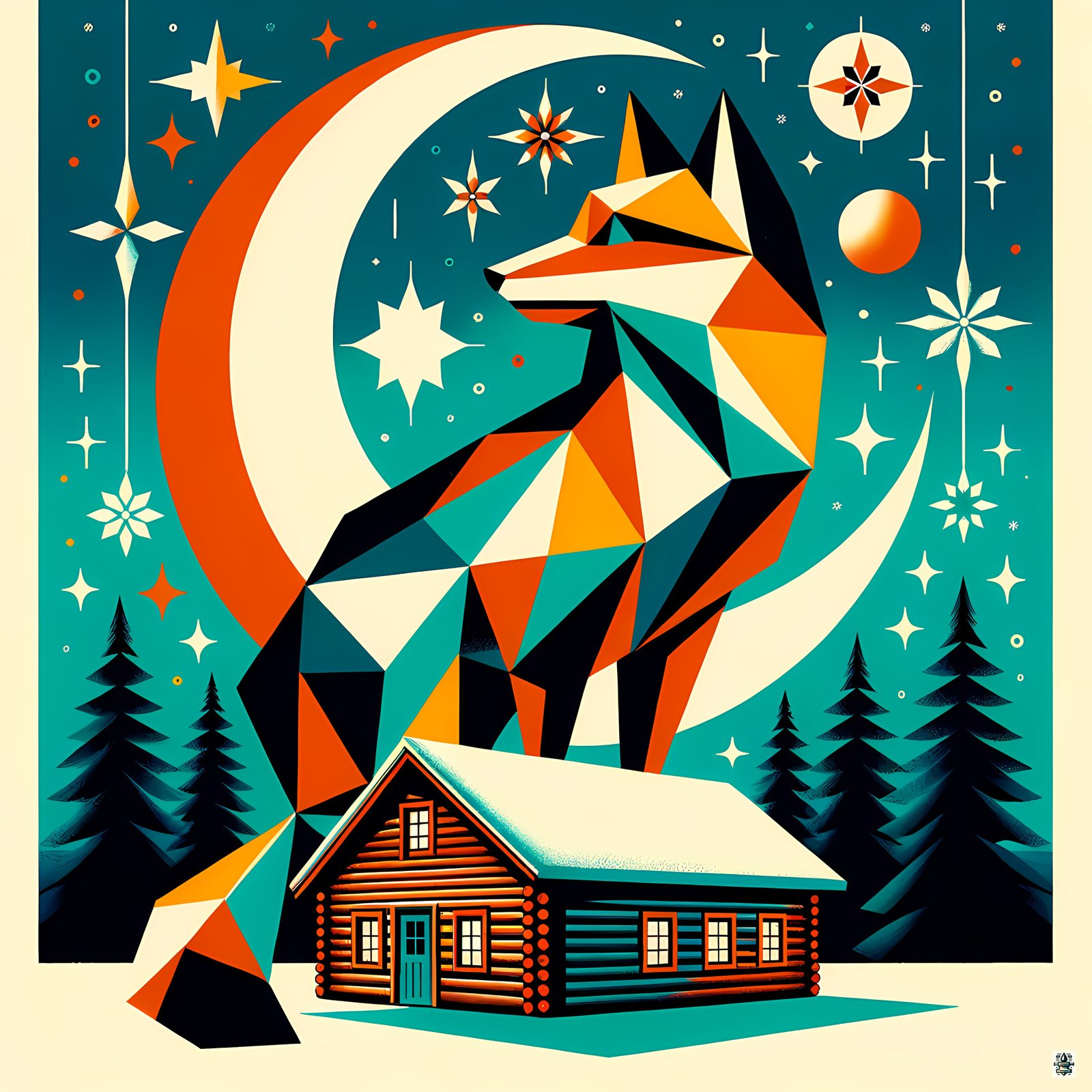 Geometric Fox Moon Winter Scene