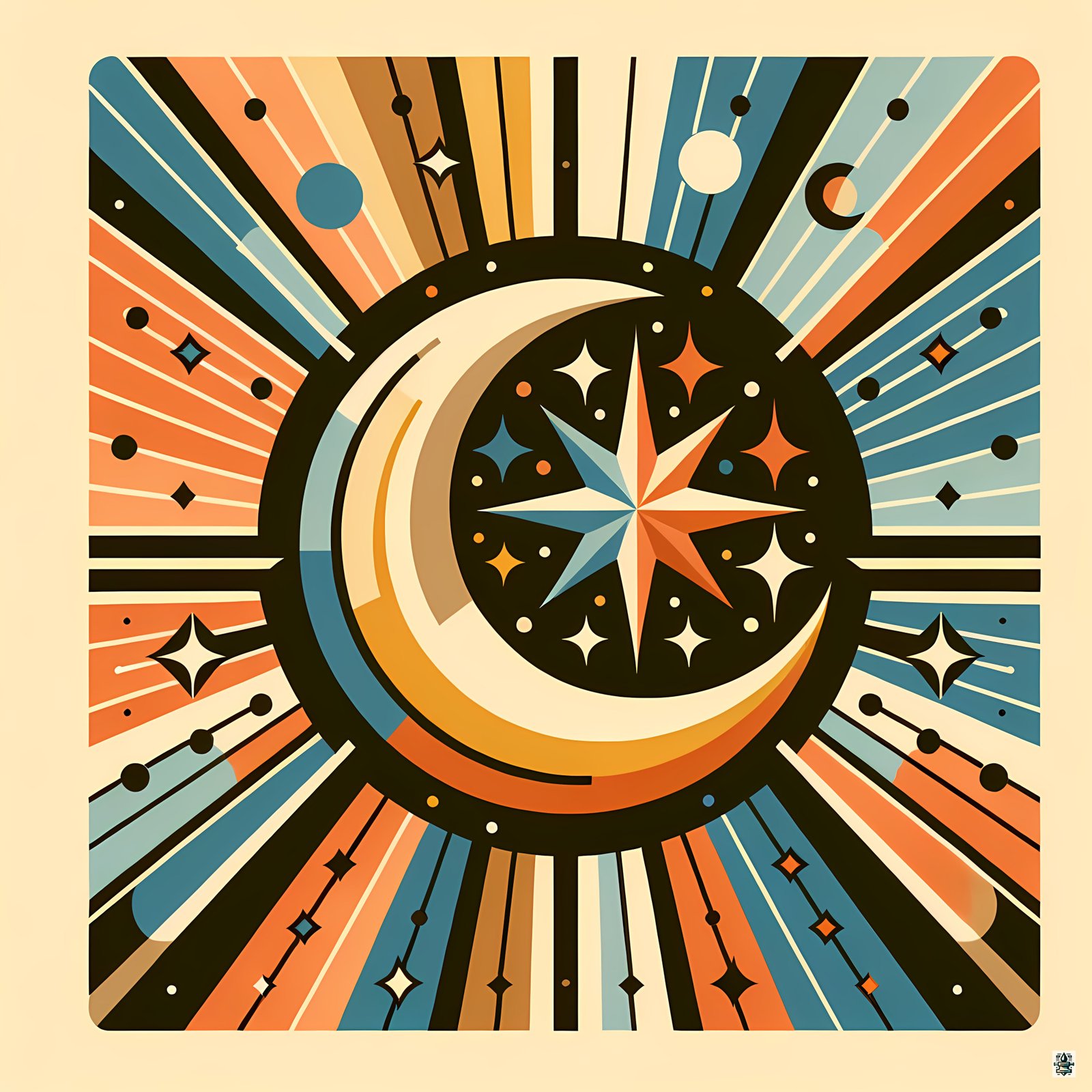 Geometric Crescent Moon and Starburst