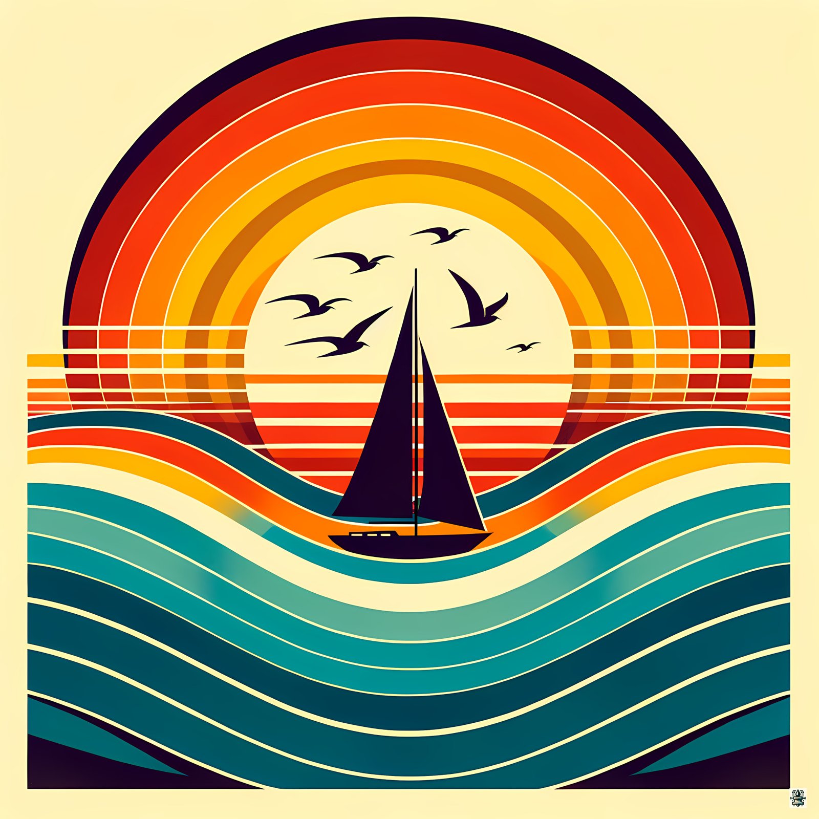Retro Sailboat Sunset Waves
