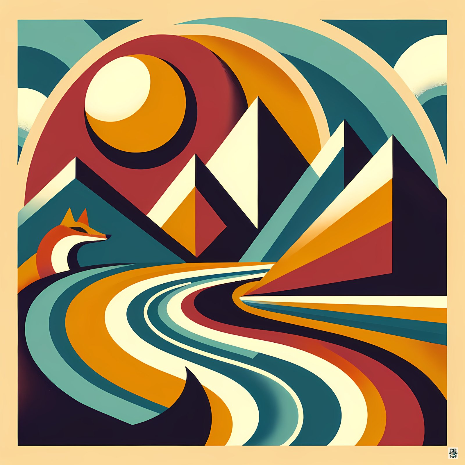 Geometric Mountain Landscape with Fox and Sun