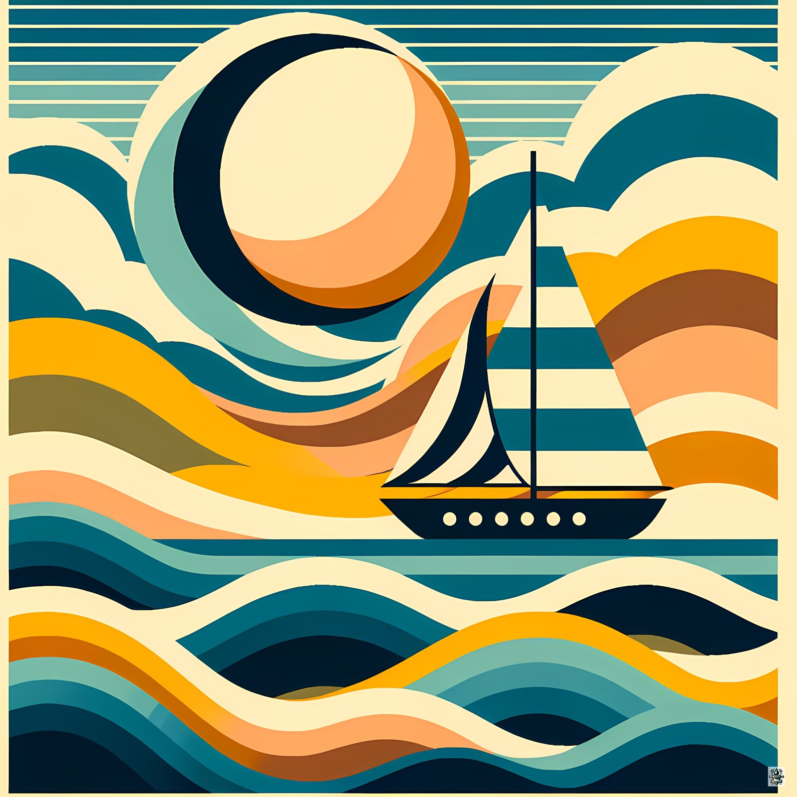 Abstract Sailboat on Colour Block Waves