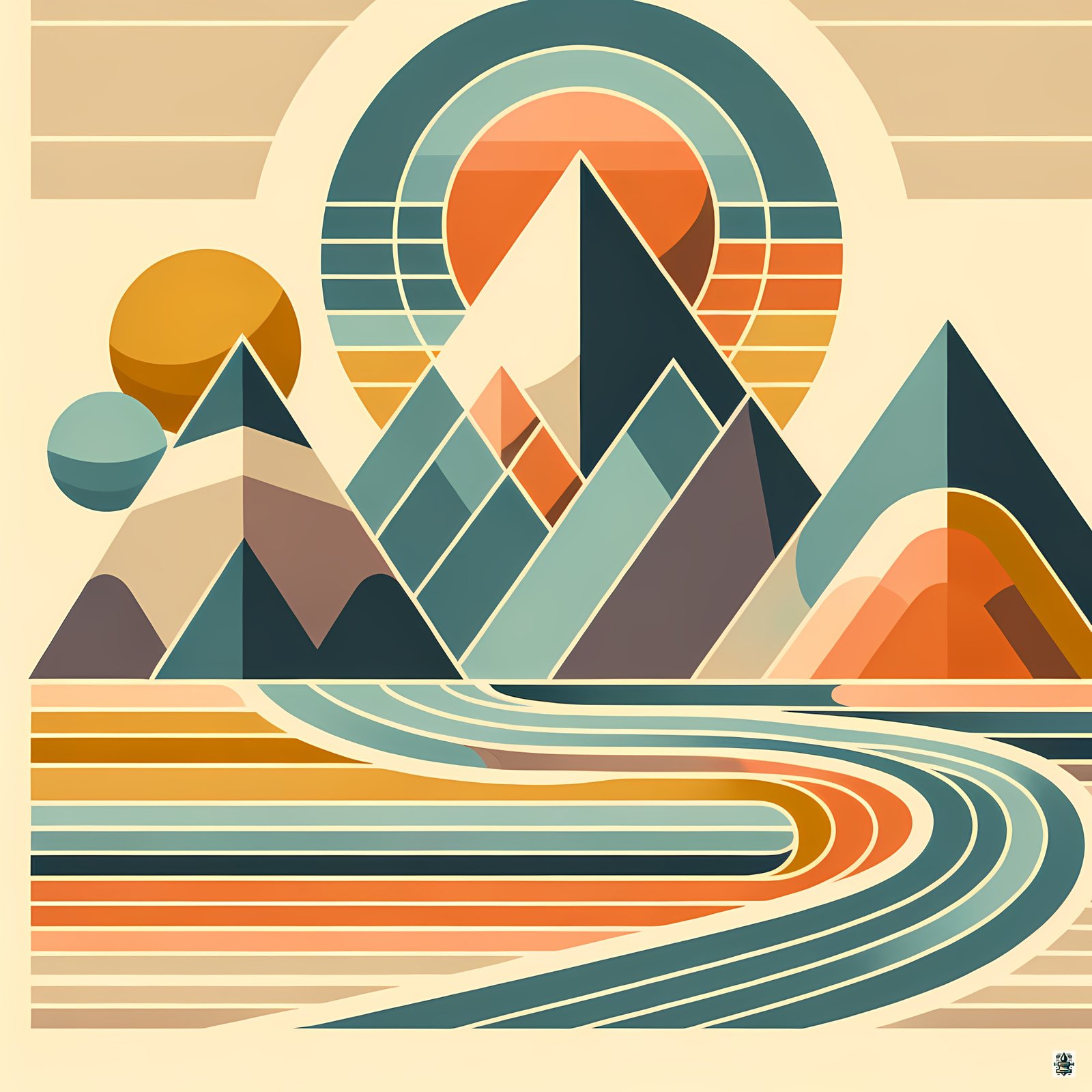 Geometric Mountain Landscape with Retro Sun