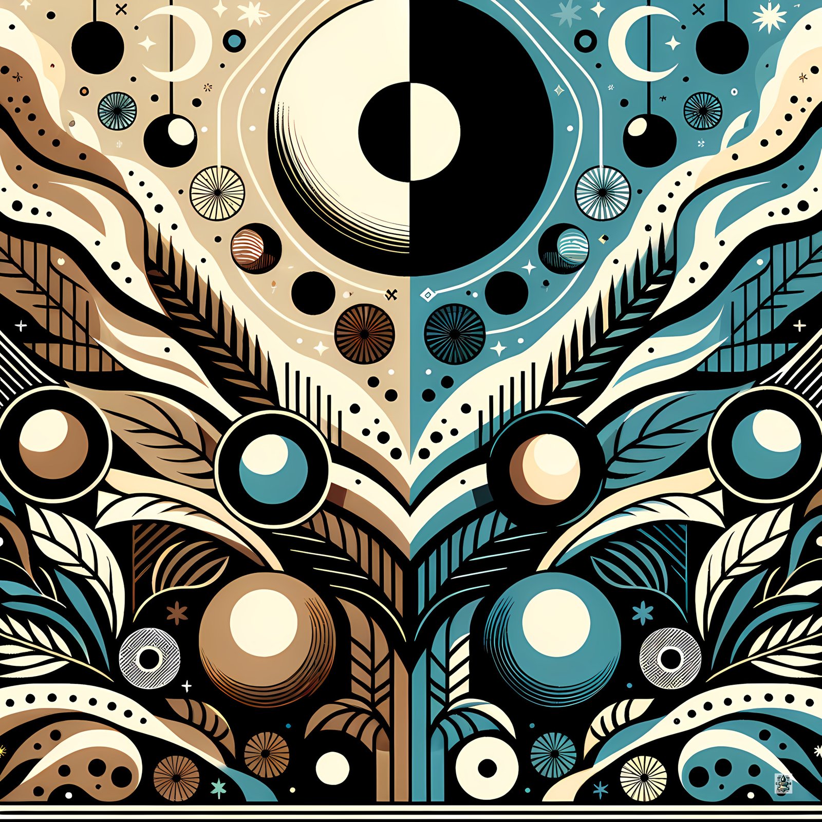 Retro Sun and Moon Geometric Botanical Abstract