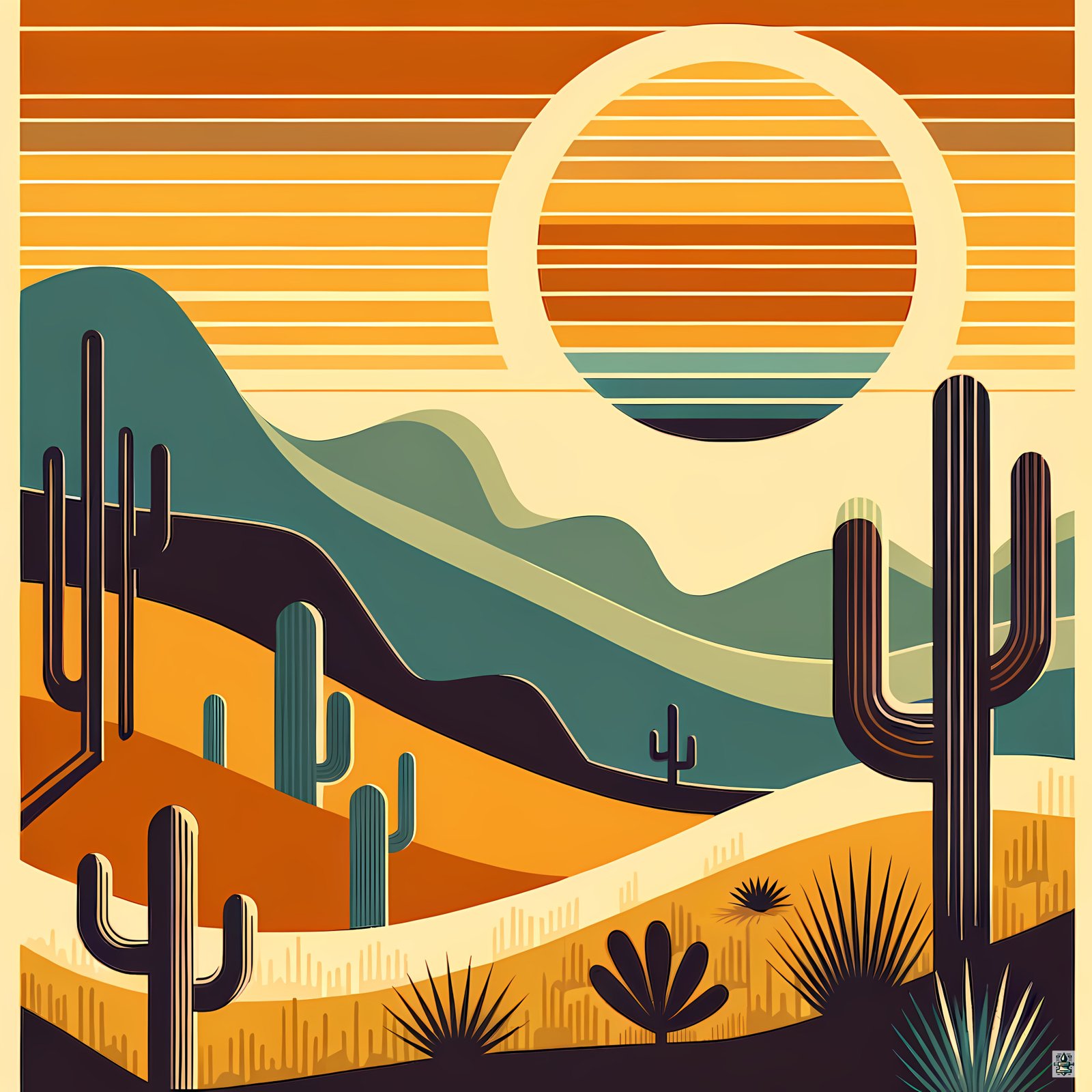 Geometric Desert Sunset with Cacti
