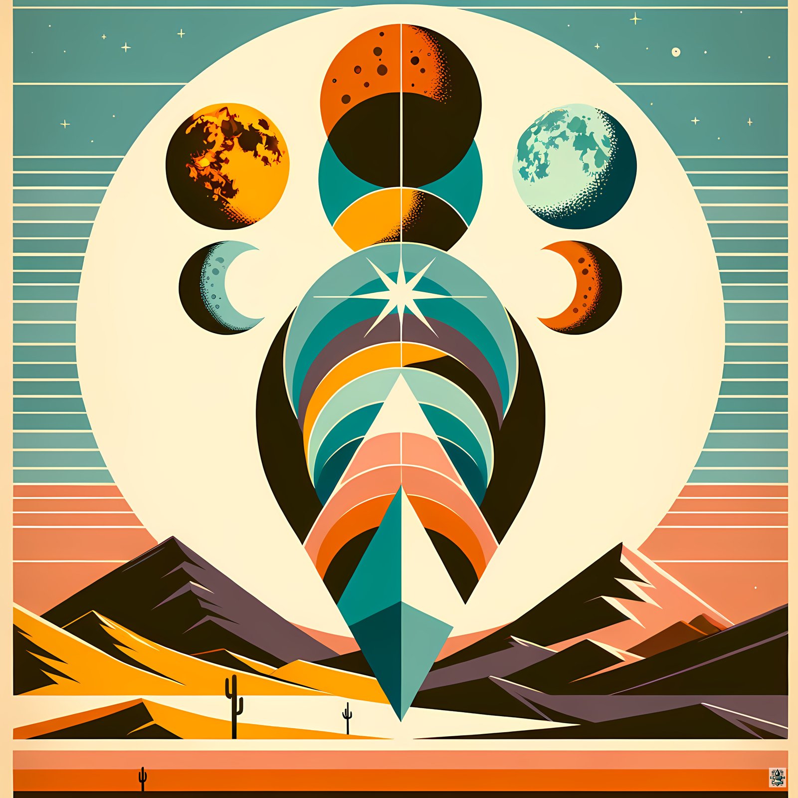 Geometric Moon Phases Over Desert Mountains