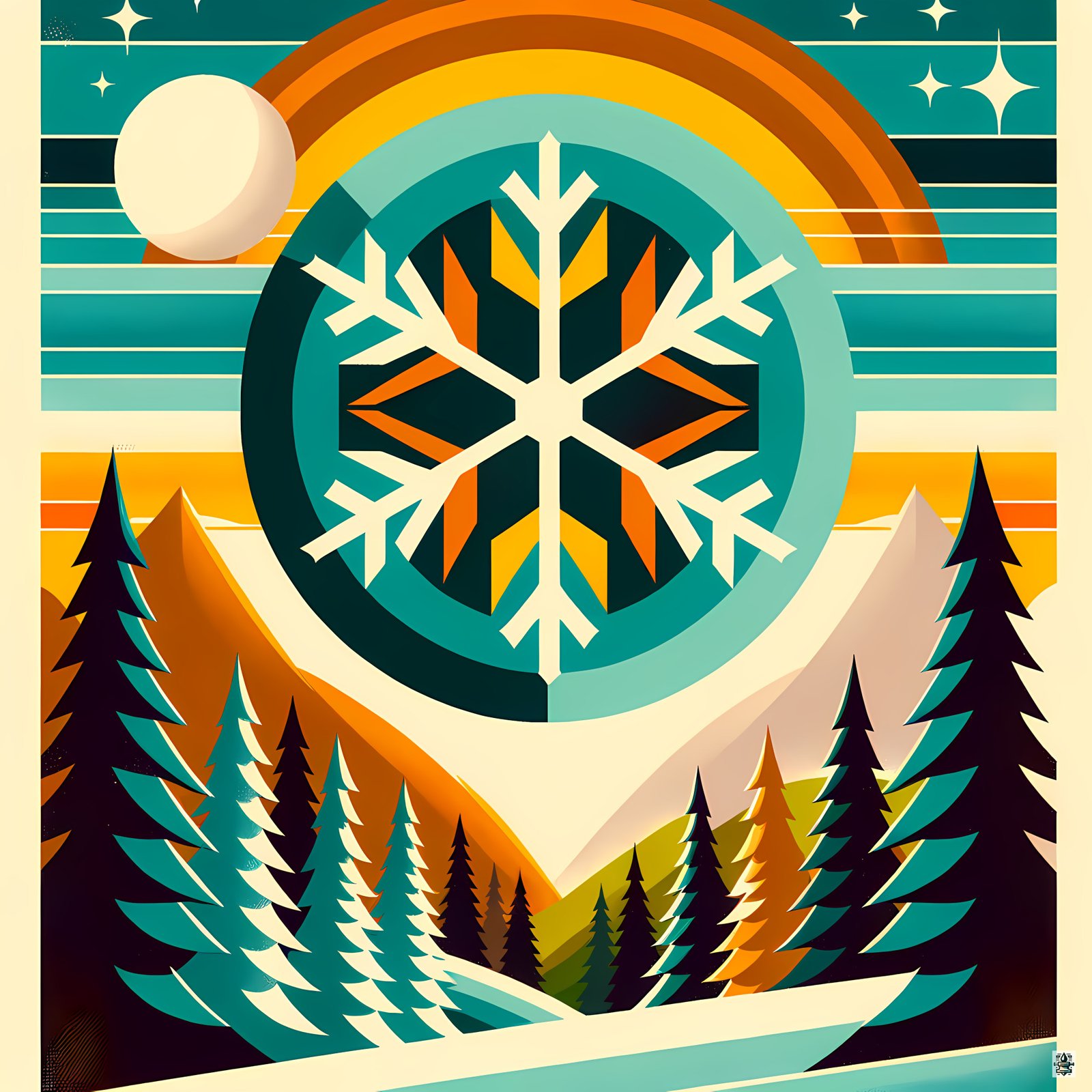 Geometric Snowflake Winter Landscape