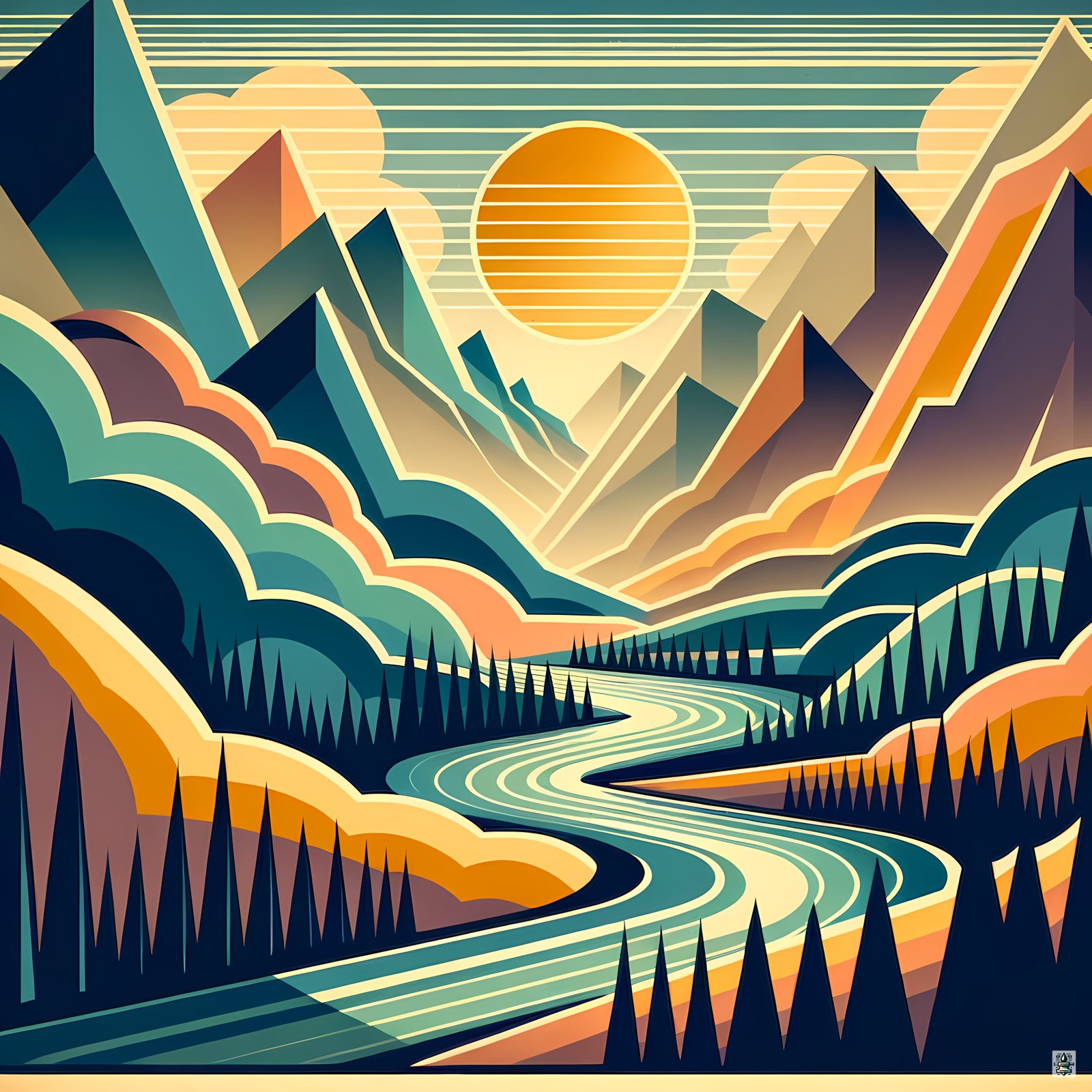 Geometric Mountain Valley at Sunset