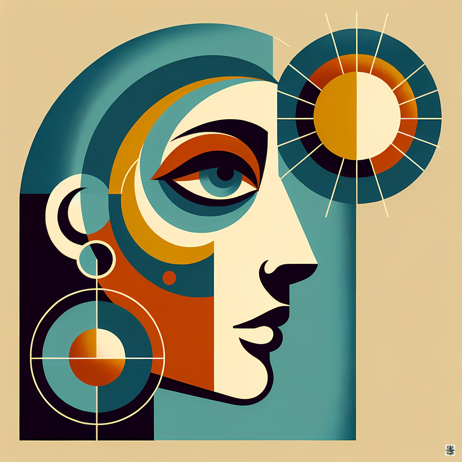 Geometric Abstract Face with Sun Motif