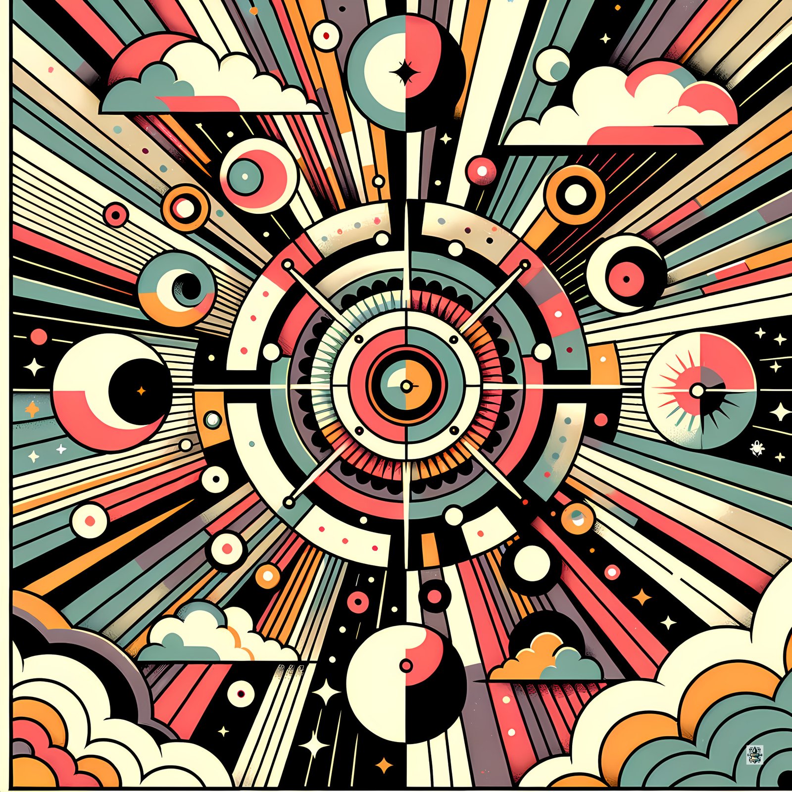 Retro Geometric Space Scene with Clouds