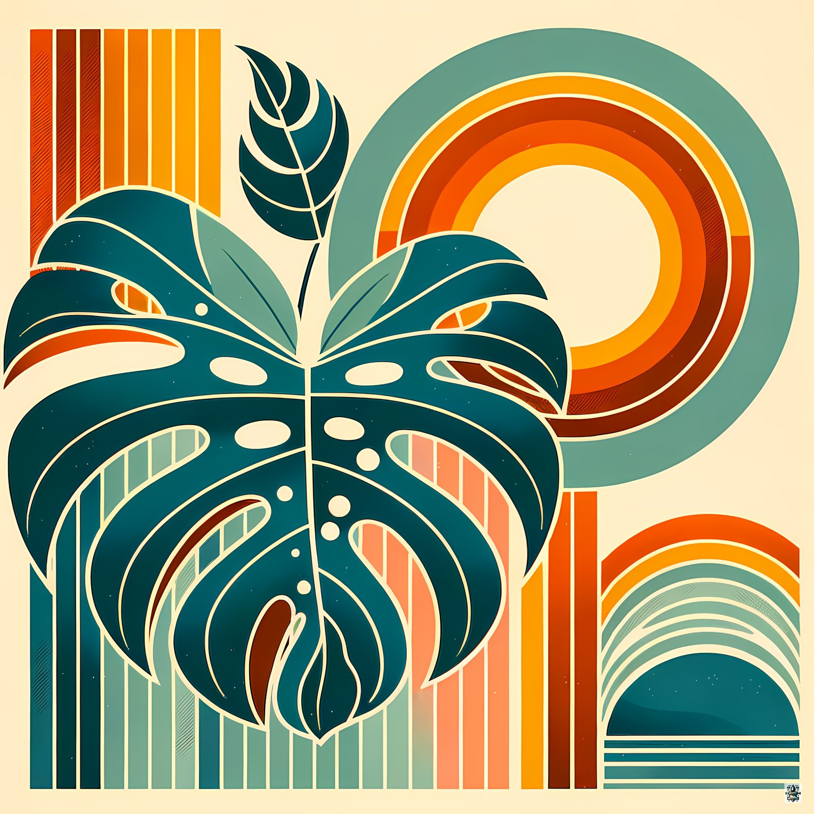 Geometric Monstera with Retro Sun Arches