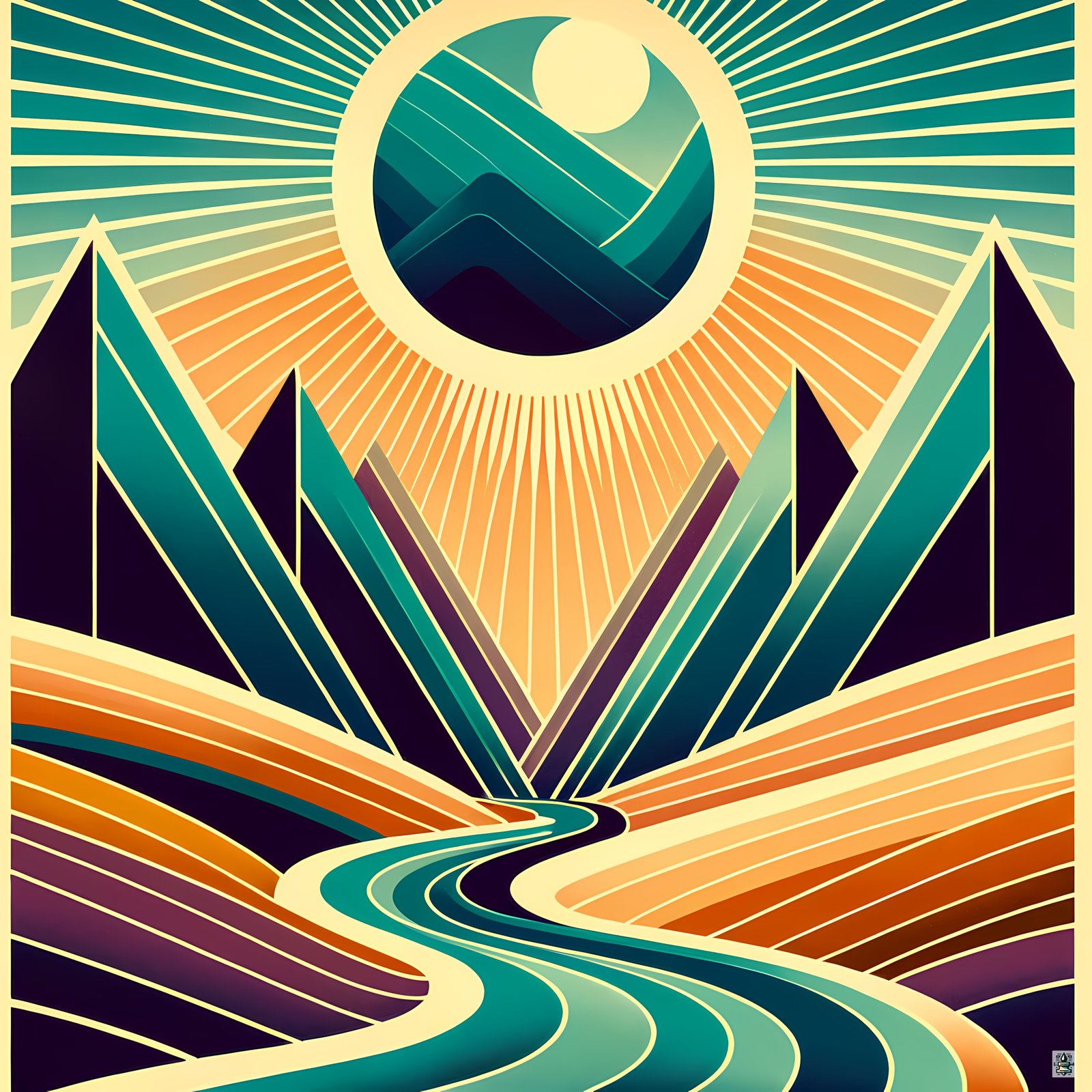 Geometric Mountain Valley with Radiant Sun