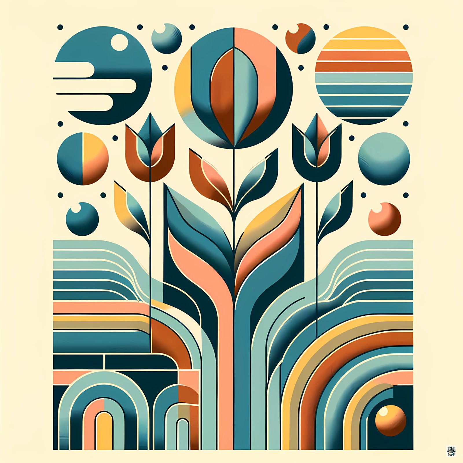 Geometric Botanical Flowers in Retro Shapes