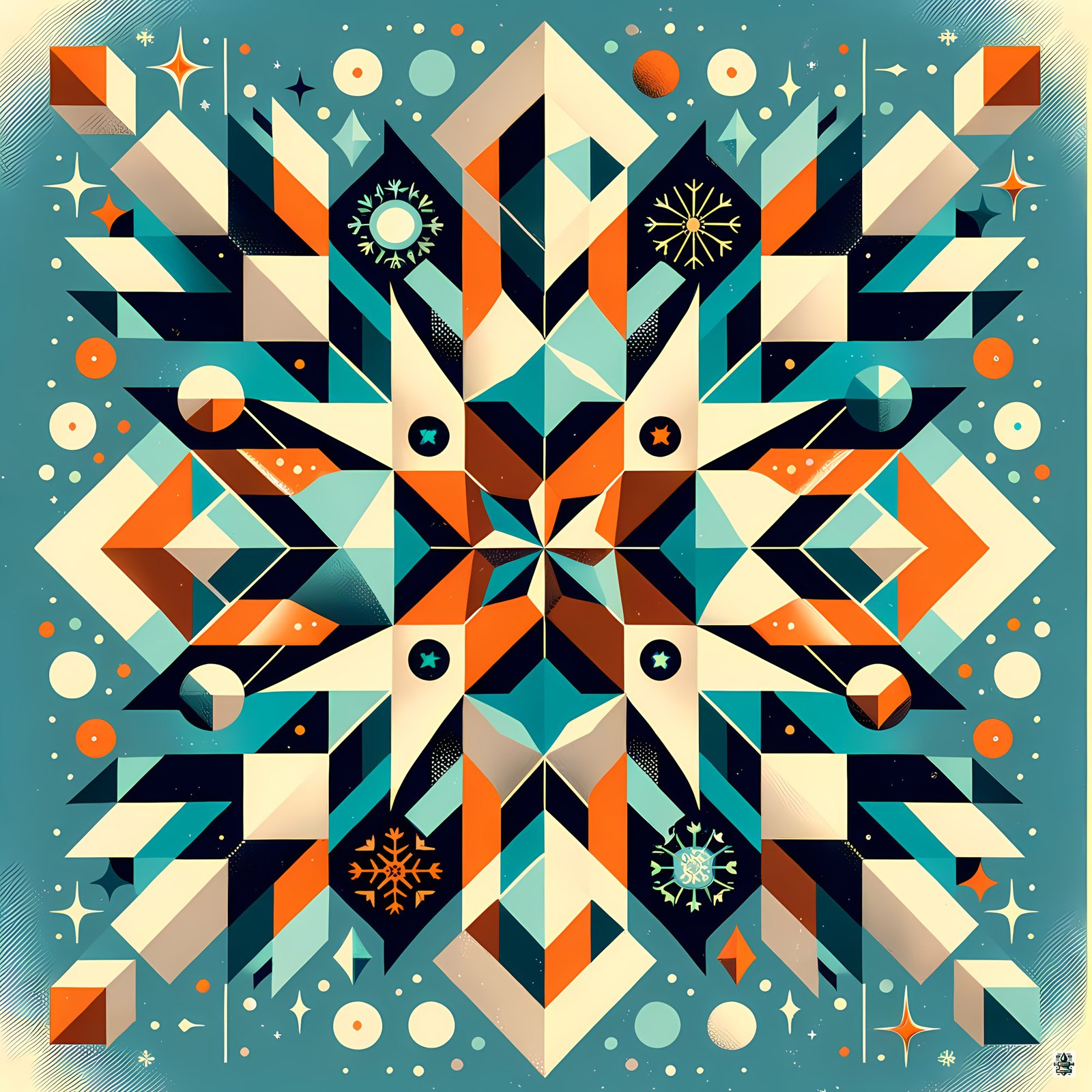 Geometric Snowflake Pattern in Teal and Orange