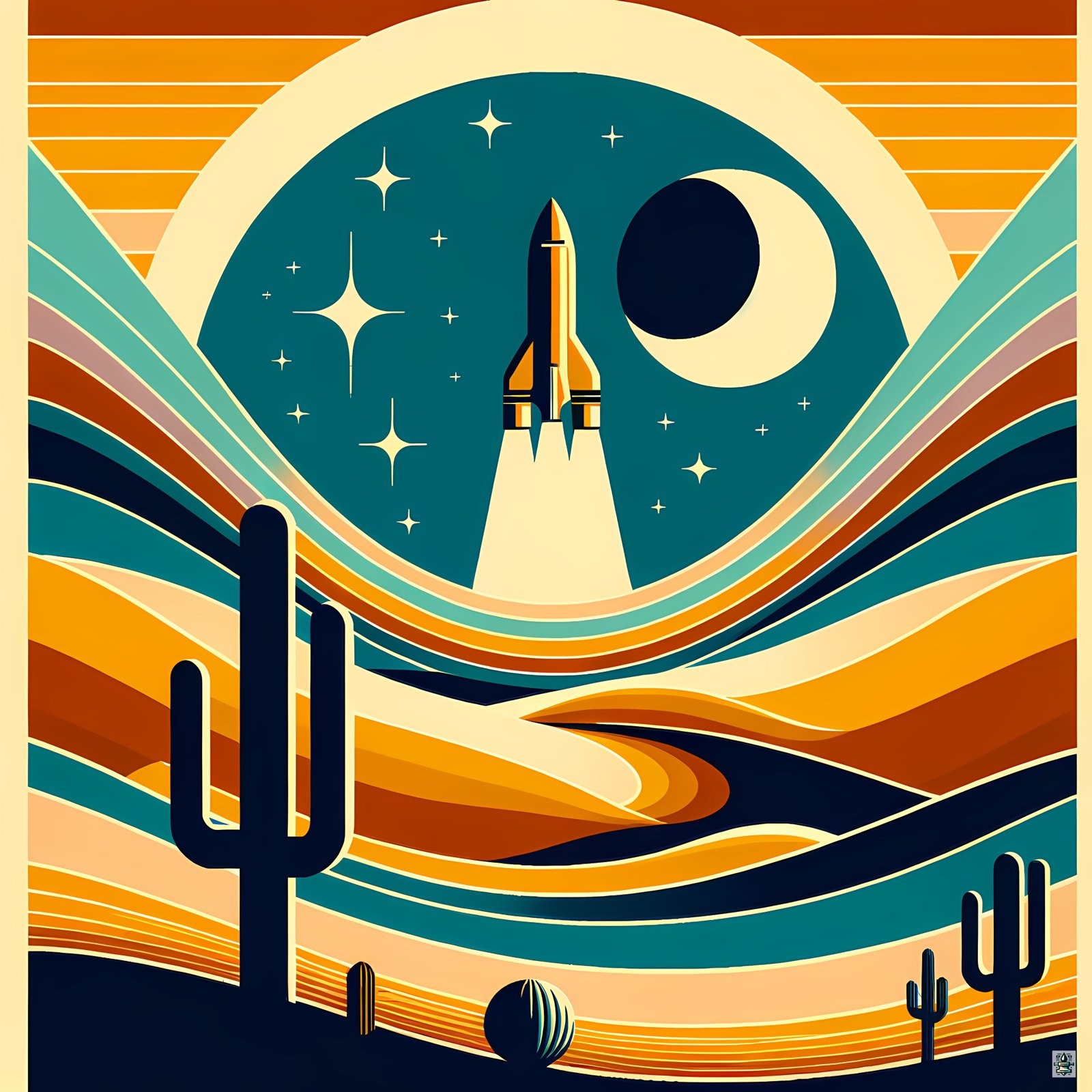 Retro rocket over desert moonscape