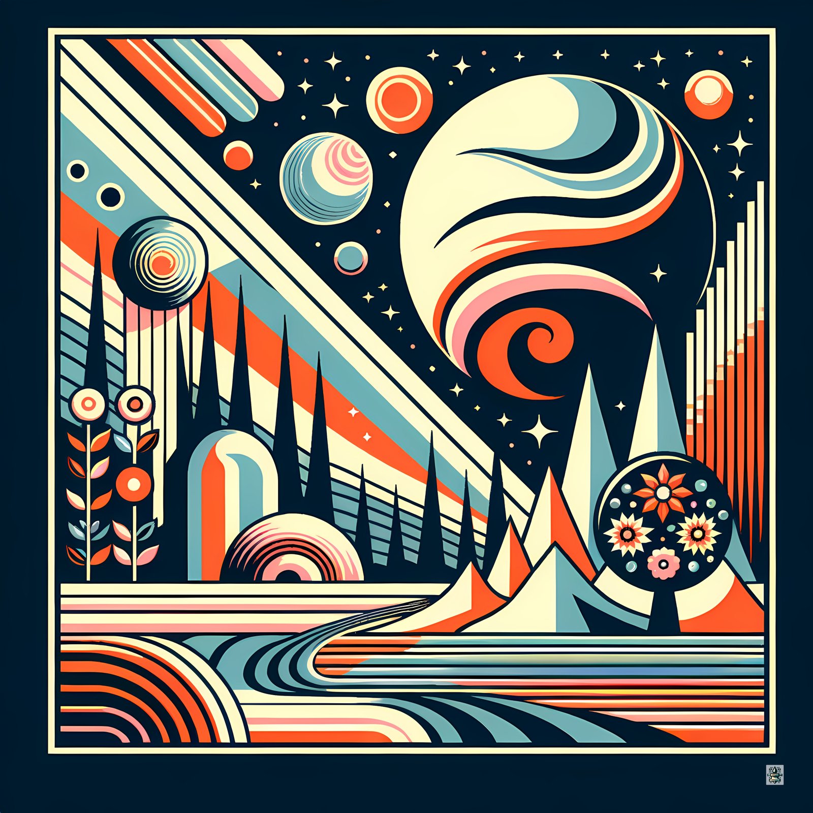 Retro Space Landscape with Planets and Geometric Peaks
