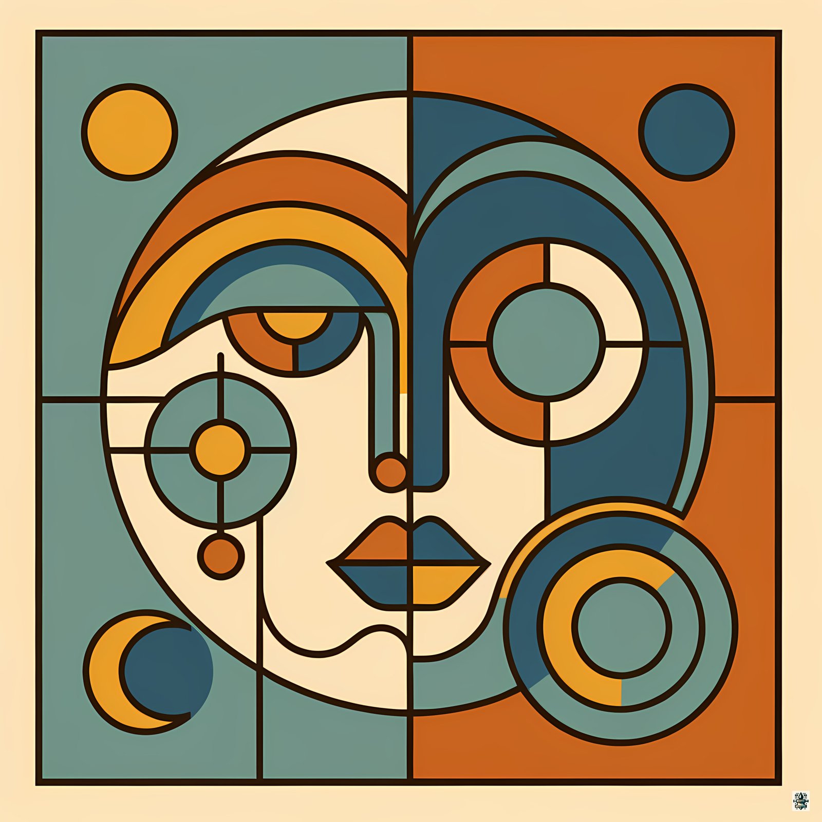 Geometric Abstract Face in Teal and Orange